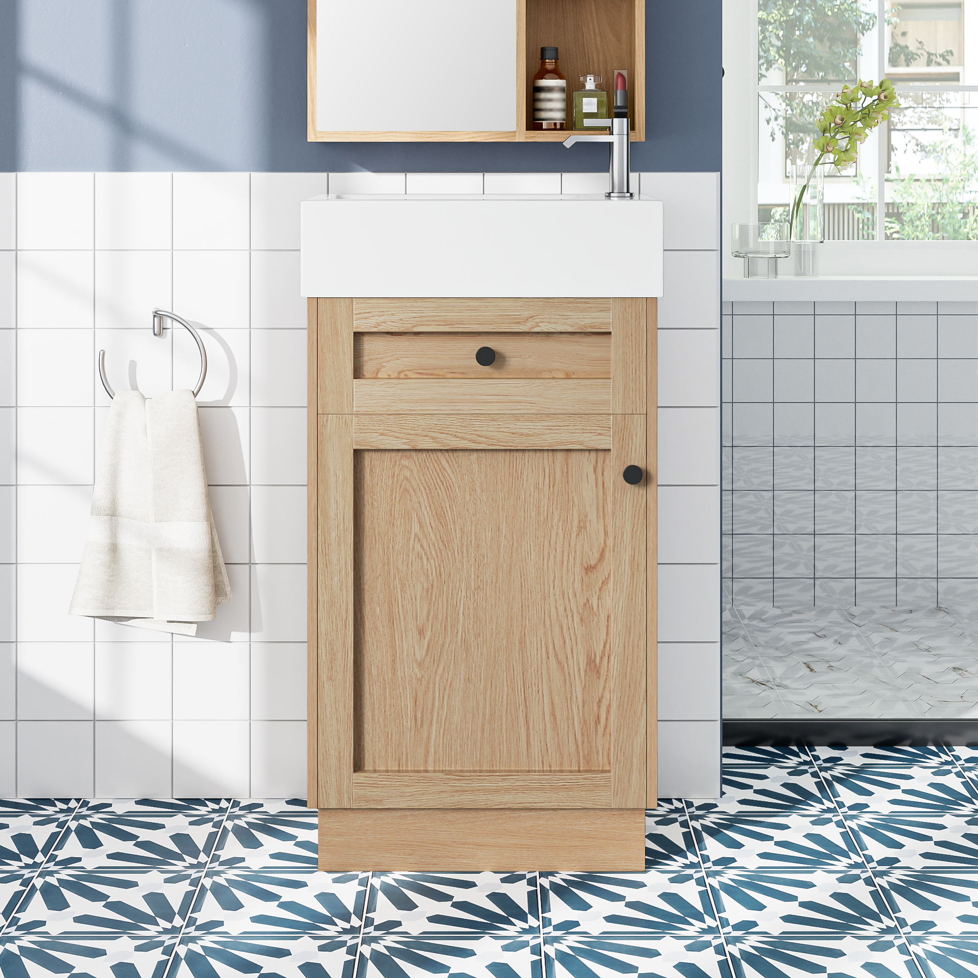 18.5 Bathroom Vanity With Reversible Resin Sink, MDF Cabinet With Adjustable Shelf And Elegant Zinc Alloy Handles, Wood Grain Melamine Finish, Reversible Door, Rustic Style For Small Spaces