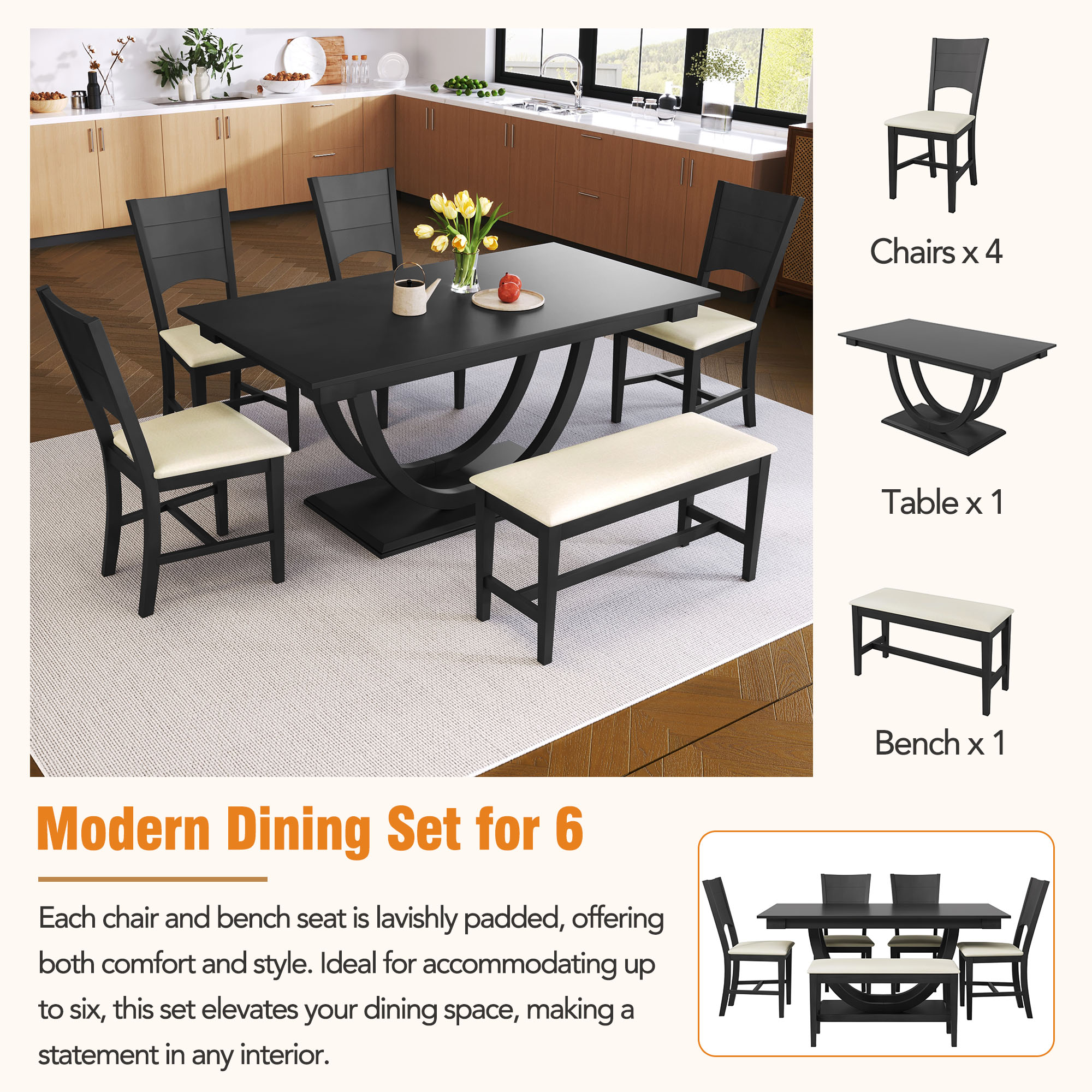 6-Piece Wood Half Round Dining Table Set Kitchen Table Set β photo 2