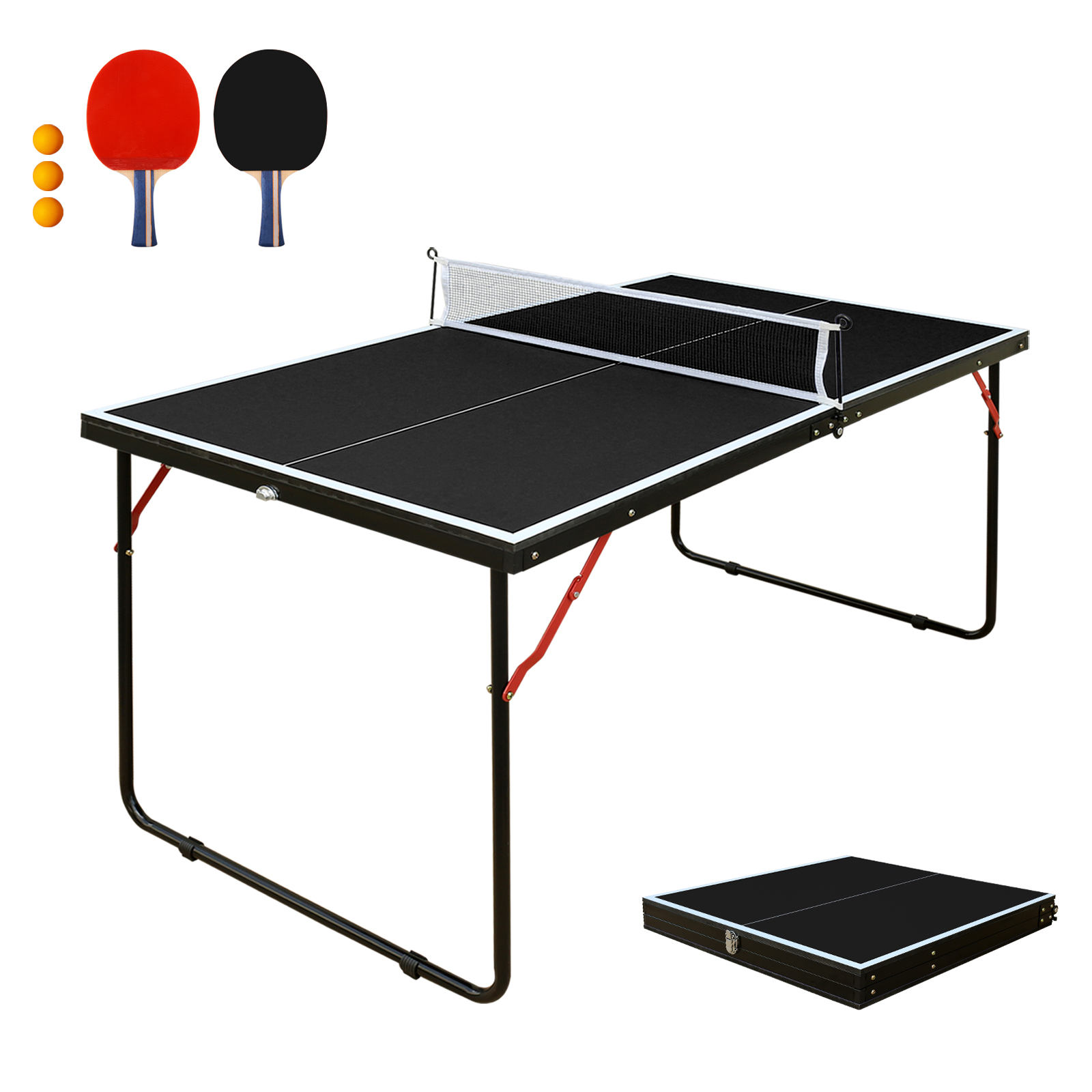 4.5ft Black Table Tennis Table Foldable & Portable Ping Pong Table Set With Net And 2 Ping Pong Paddles For Indoor Outdoor Game