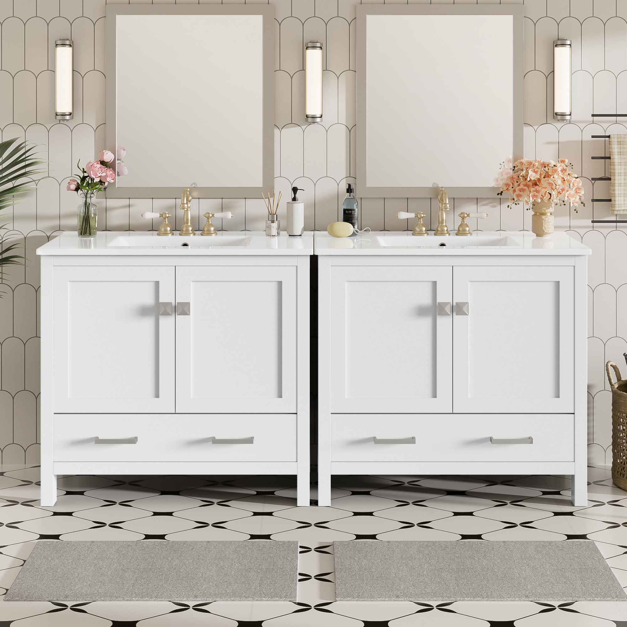 72  White Bathroom Vanity With Ceramic Sink, Soft-Close Doors, Double Storage Shelves & Divided Drawer  Modern Bathroom Cabinet With Ample Storage