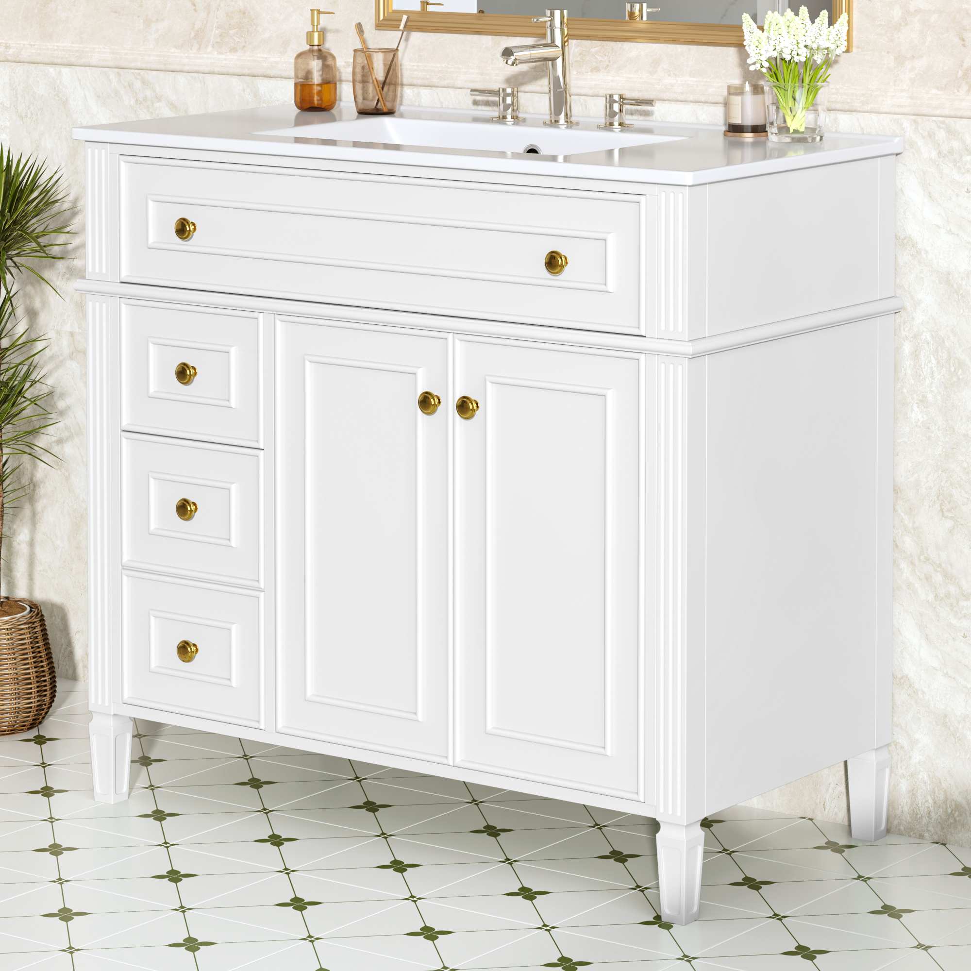 36 Inch Bathroom Vanity With Sink, White Solid Wood Cabinet With Flip-Out Drawer, 3 Drawers And 2 Soft-Close Doors, Gold Handles & Modern Design, Two Packages Old SKU N725P366468K