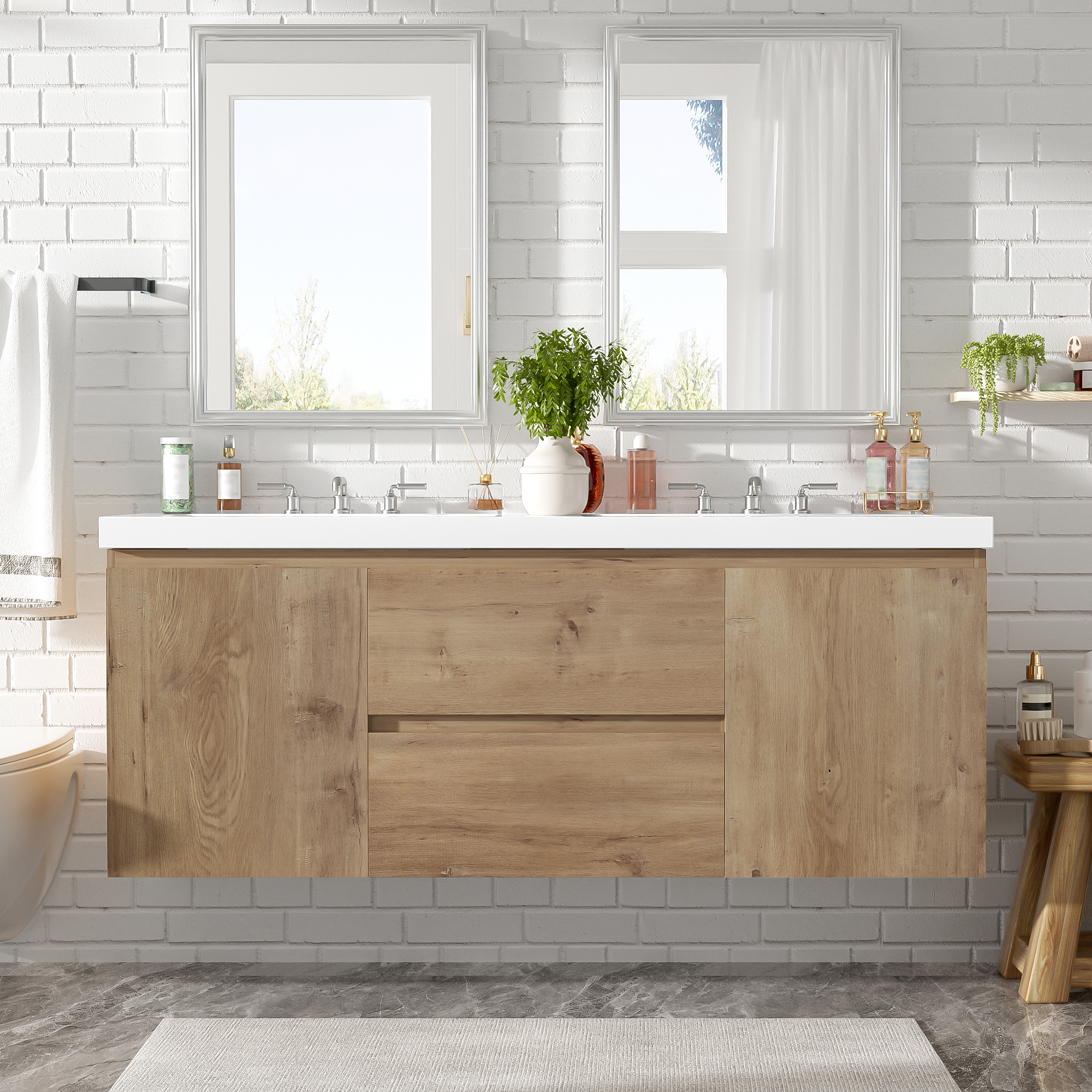 59.3 Inch Double Sink Bathroom Vanity With SMC Top, MDF Cabinet, Soft Close Doors, Divided Drawers, Wall-Mounted Modern Storage Vanity For Large Bathrooms
