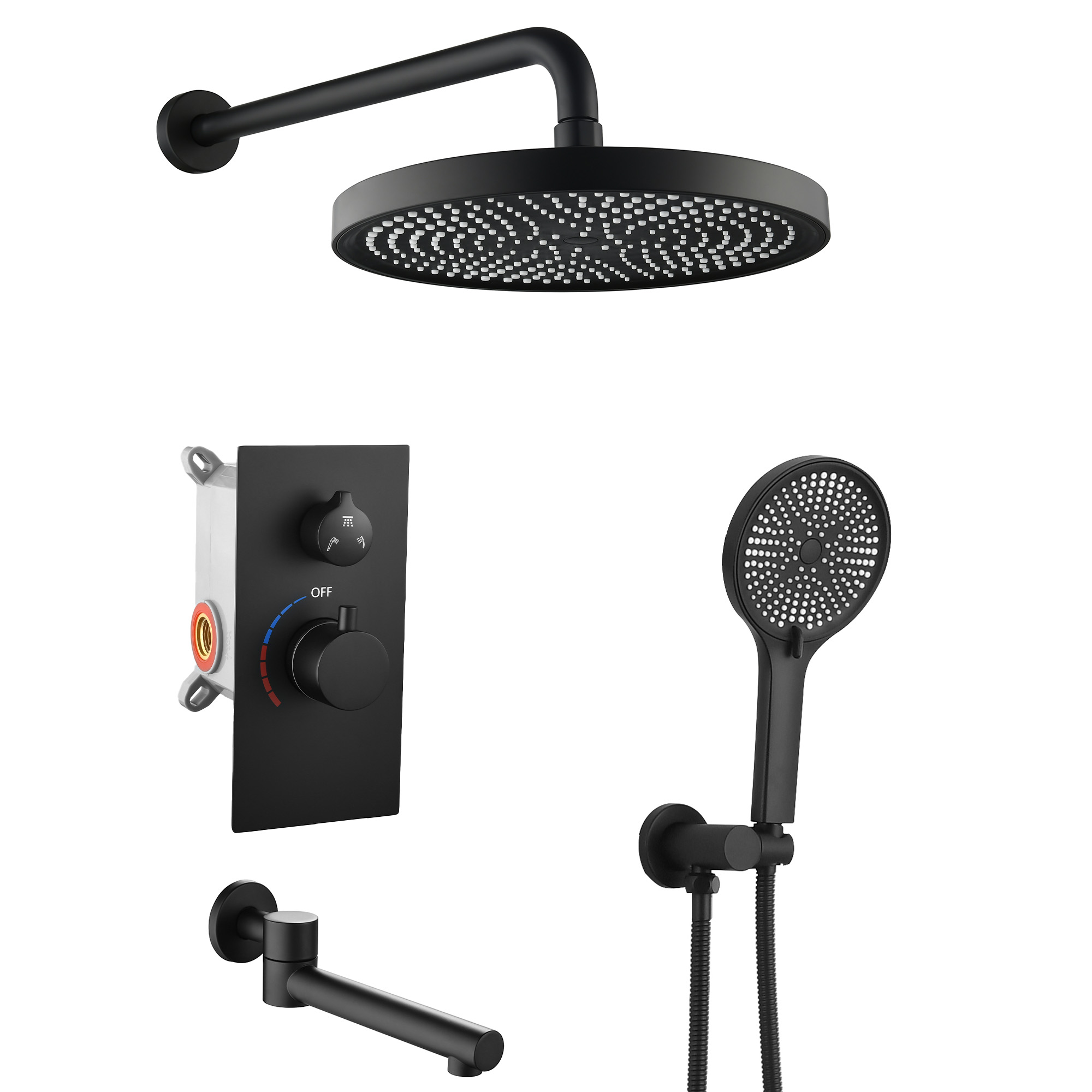 Luxury 3-Function Shower System Set - Solid Brass Control Valve, 10 Overhead Shower, 3-Spray Handheld, With Bathtub Spout