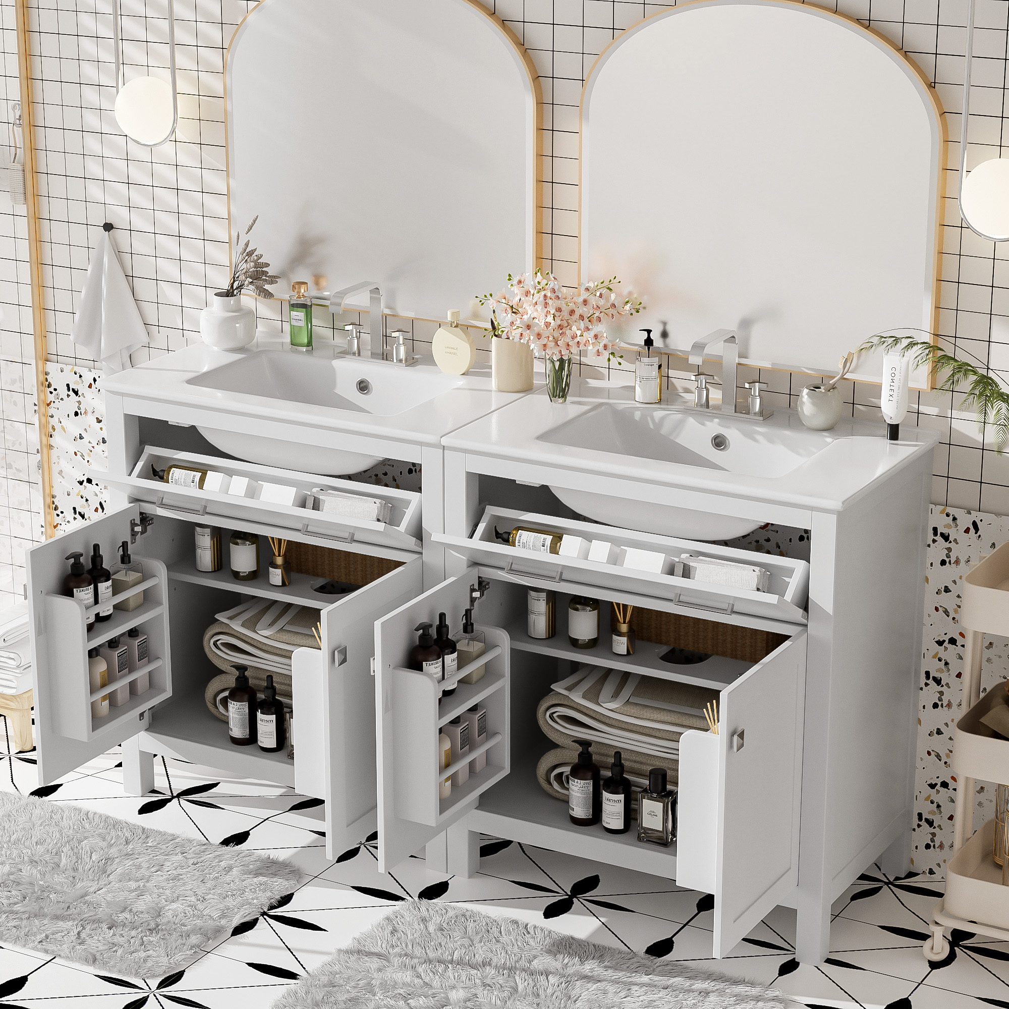 60  Modern White Bathroom Vanity Set With Double Vanities  Separate , Double Ceramic Sinks, Adjustable Shelf, Soft Close Doors And Flip Drawer-Modern Bathroom Solution For Spacious Bathrooms