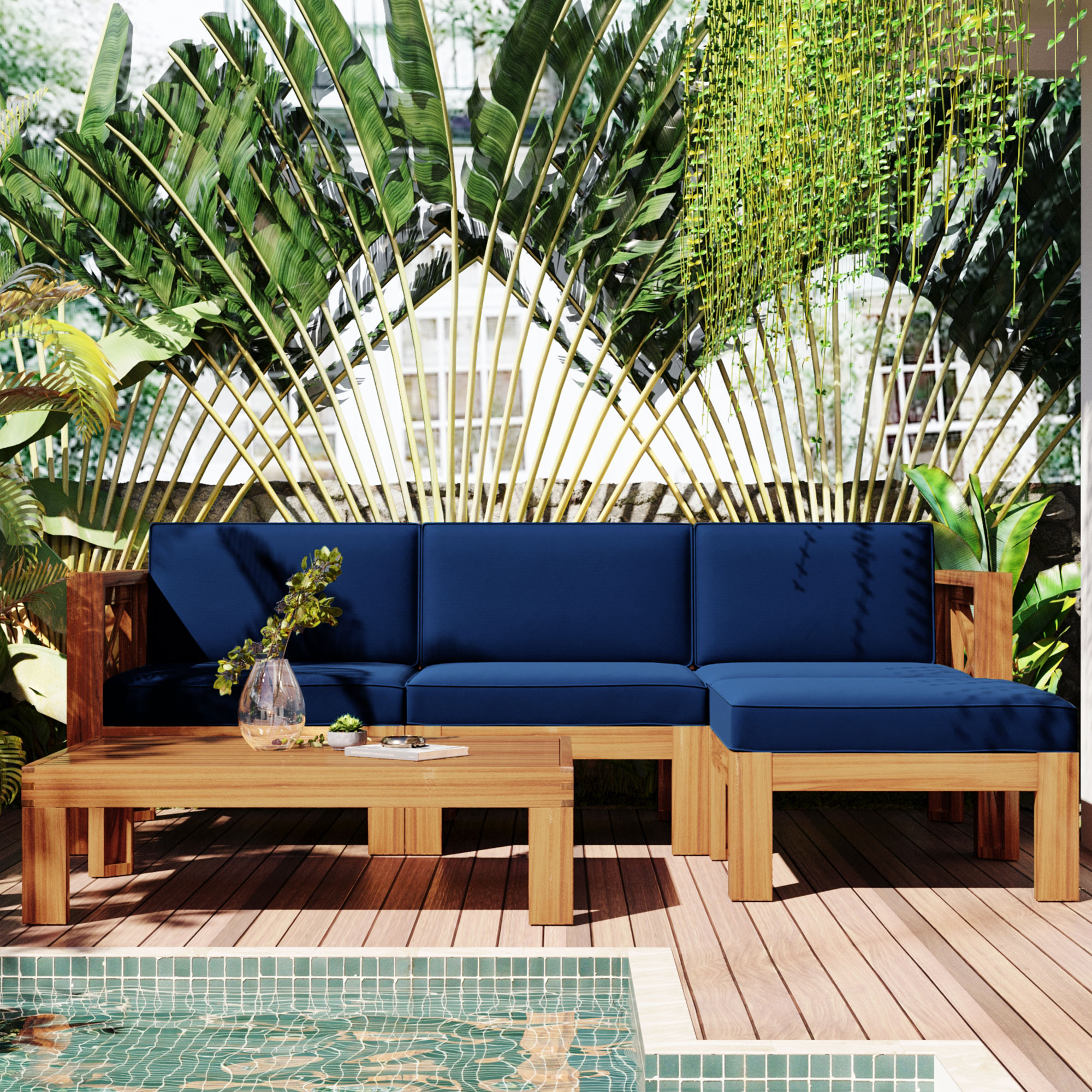 TOPMAX Outdoor  Patio Wood 5-Piece Sectional Sofa Seating Group Set With Cushions, Natural Finish  Blue Cushions