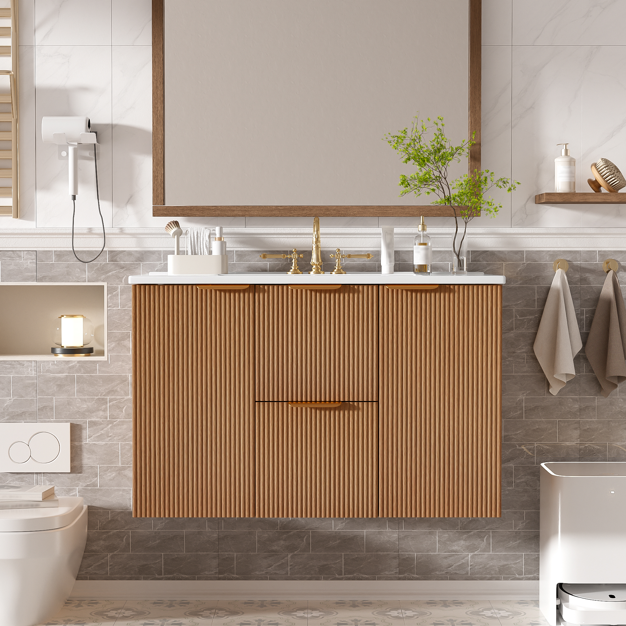 36 Inch Single Sink Bathroom Vanity With Ceramic Top, MDF Cabinet, Soft Close Doors, Divided Drawers, Wall-Mounted Modern Storage Vanity
