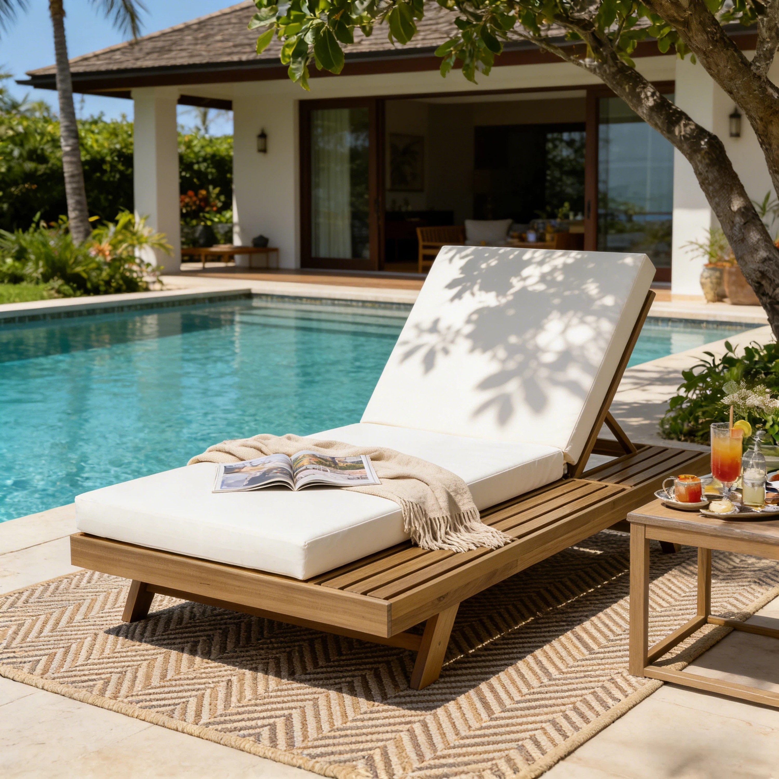 Lounge Chaise Set, Space Available On One Side, Acacia Wood In Light Brown With Water-Resistant Lounge Cushions Cream & 4 Inch Thick Matching Dark Grey Version Available