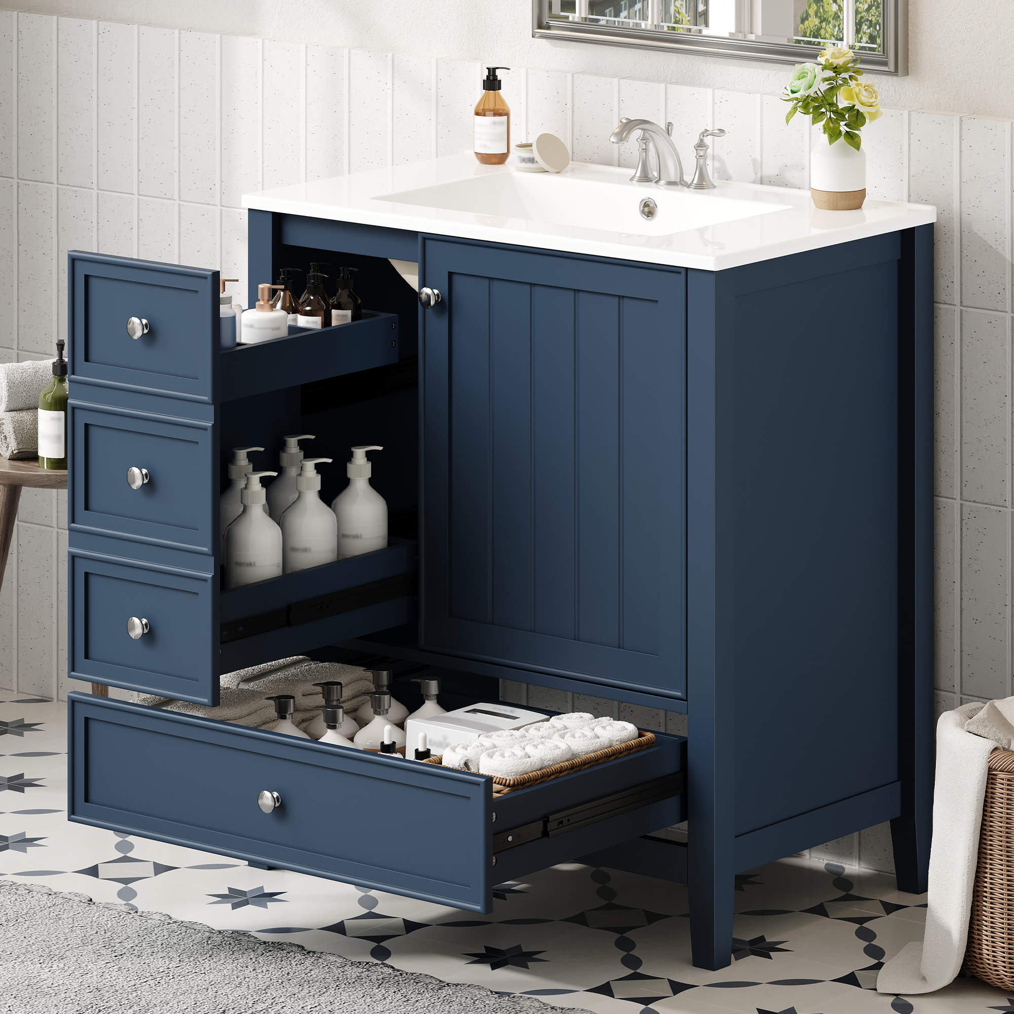 30 Bathroom Vanity With Sink, One Cabinet And Three Drawers, Solid Wood And MDF Board, Blue