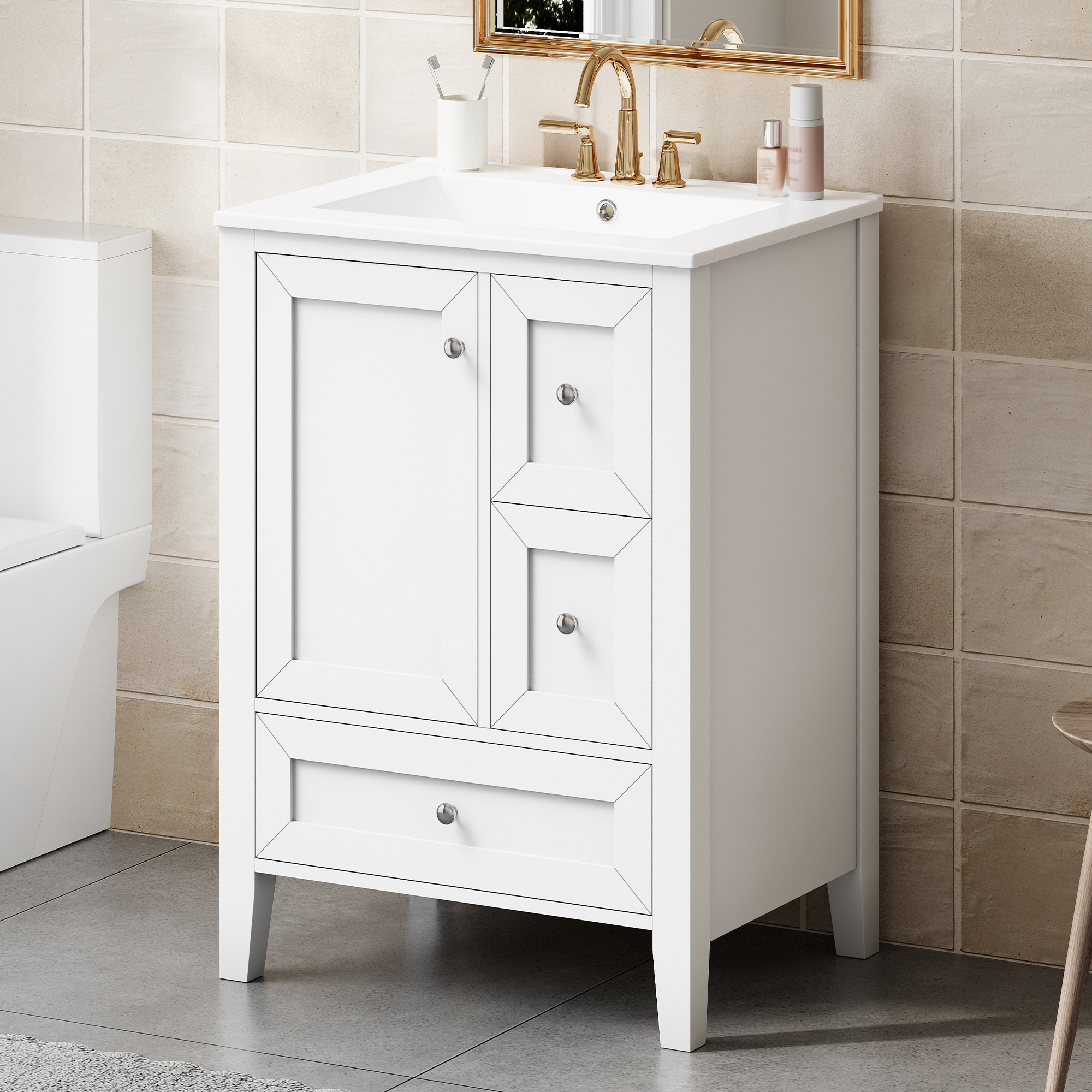 24  Bathroom Vanity With Sink And Drawers, White Freestanding Vanity Cabinet With Ceramic Top And Storage Shelves, MDF And Solid Wood Frame, Modern Sink Cabinet For Small Bathrooms