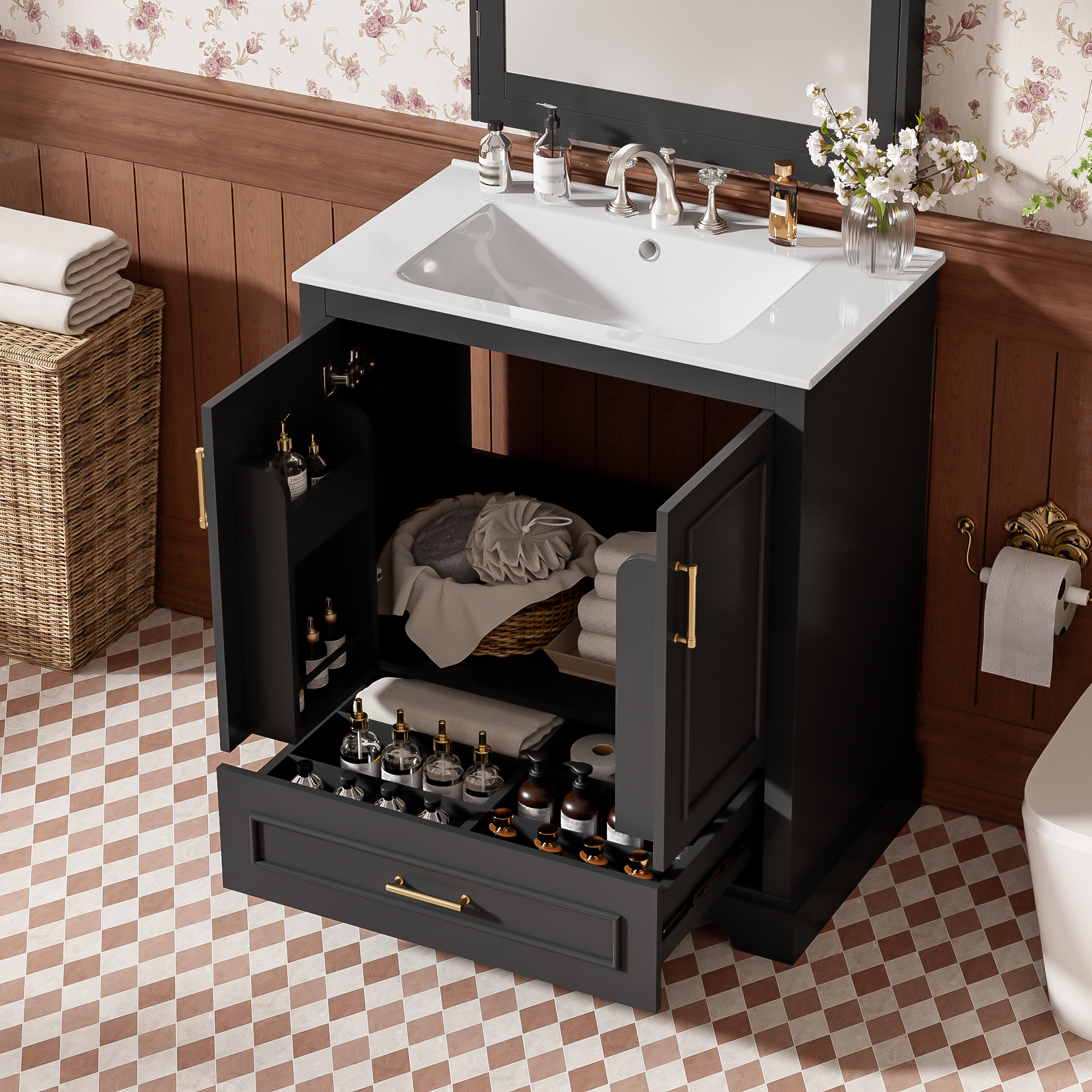 30  Bathroom Vanity With Sink, MDF And Solid Wood Frame, 1 Divider Drawer And 2 Soft-close Doors  Double Shelf On Door , Freestanding Vanity