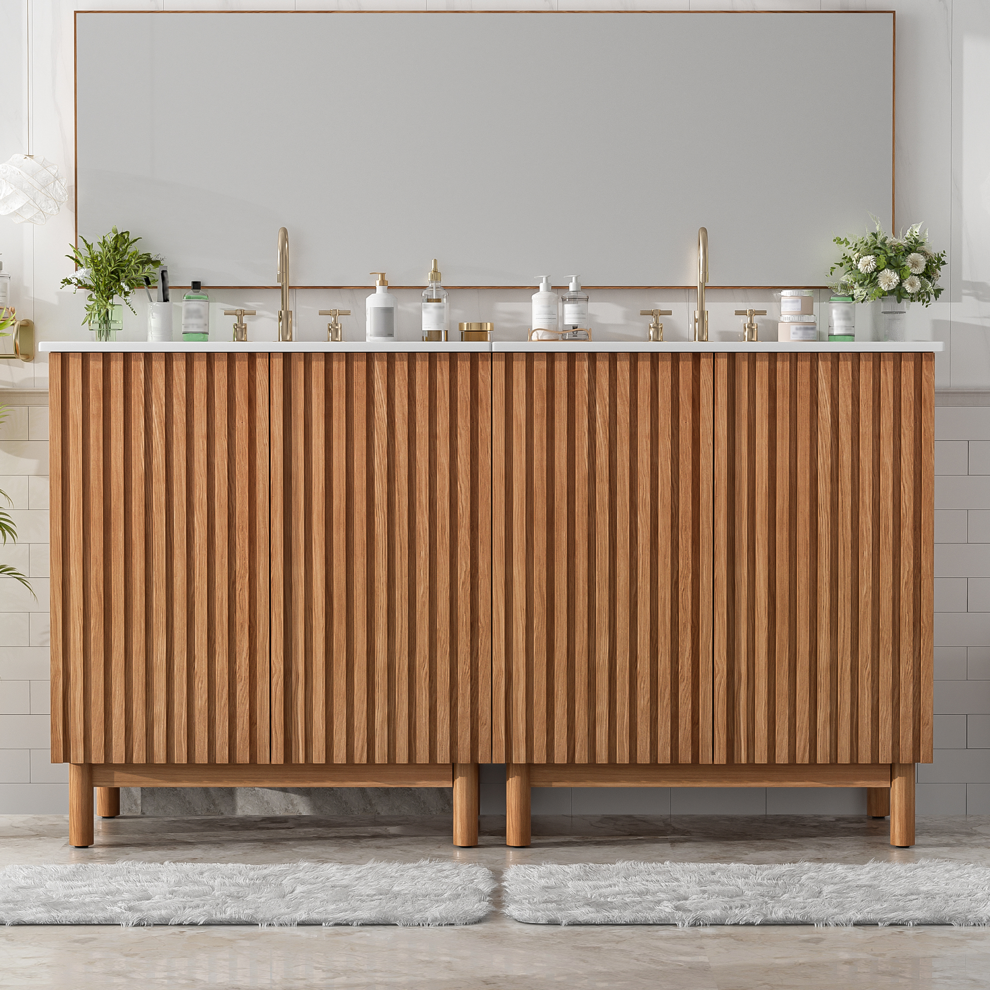 59.8 Bathroom Vanity Combo With Ceramic Sink, Traditional American Style, Wooden Legs, MDF Structure, Soft-Close Doors With Adjustable U-Shaped Shelf, Plastic Feet Pads