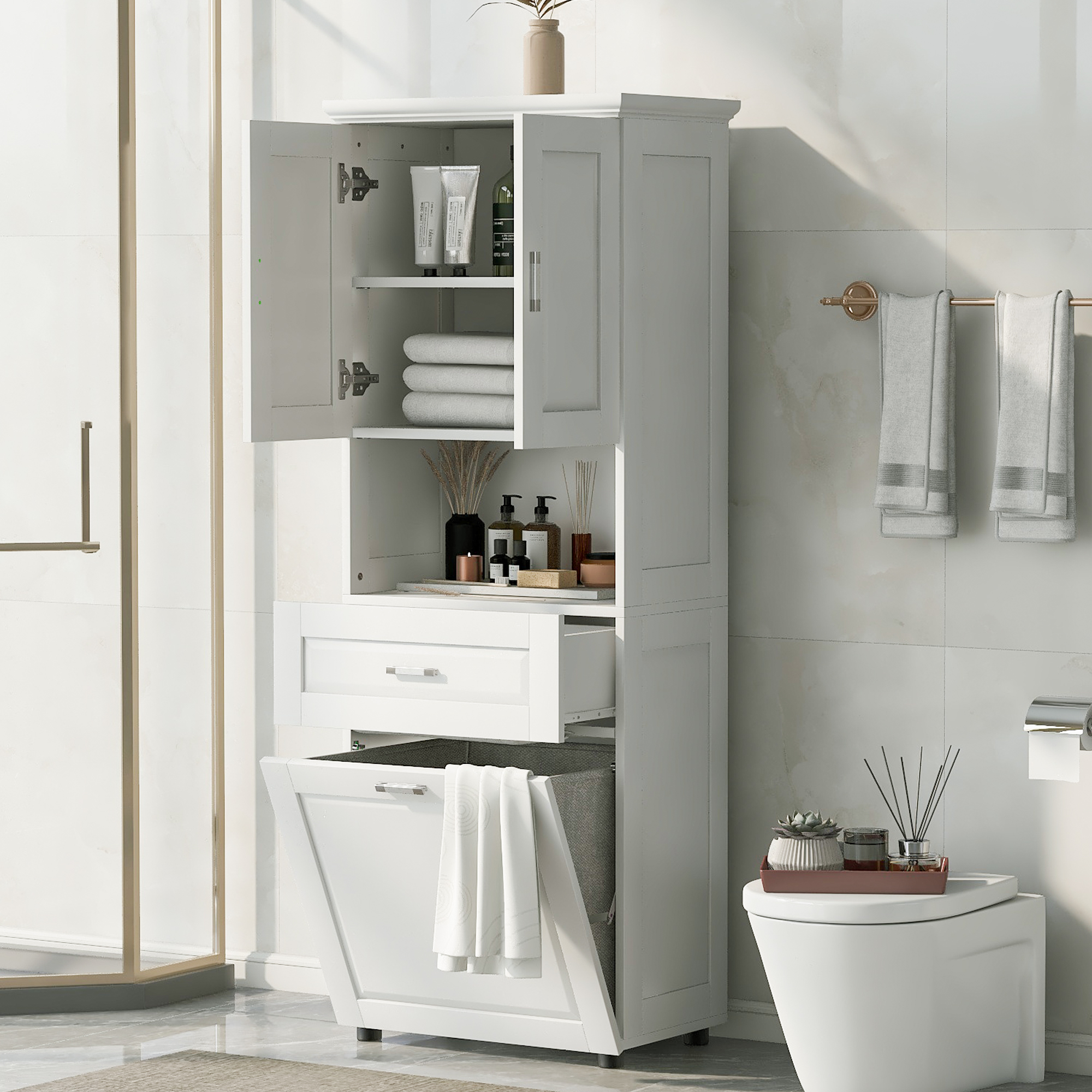 Tall Bathroom Cabinet With Laundry Basket, Large Storage Space Tilt-Out Laundry Hamper And Upper Storage Cabinet, White