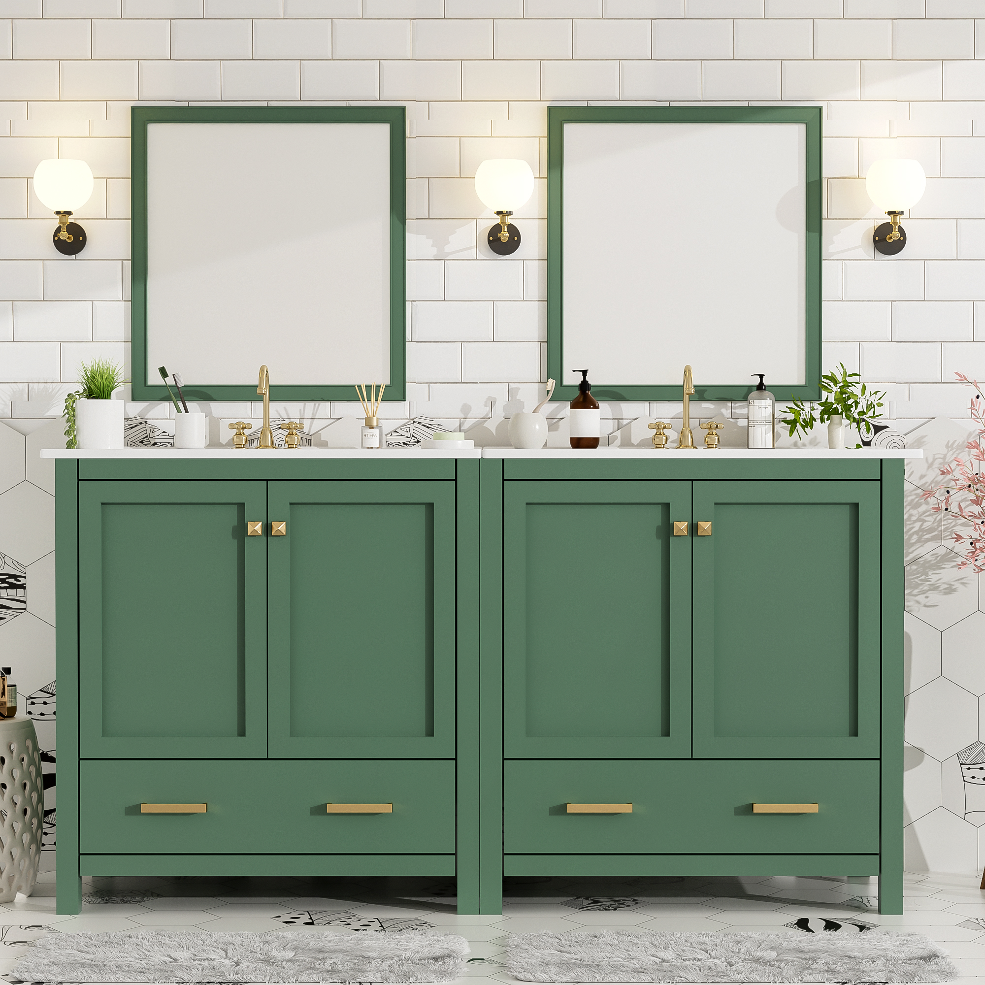 60  Green Bathroom Vanity Set With Double Vanities  Separate , Double Ceramic Sinks, Storage Shelf, And Divided Drawers   Mirror Not Included -Modern Bathroom Solution For Spacious Bathrooms