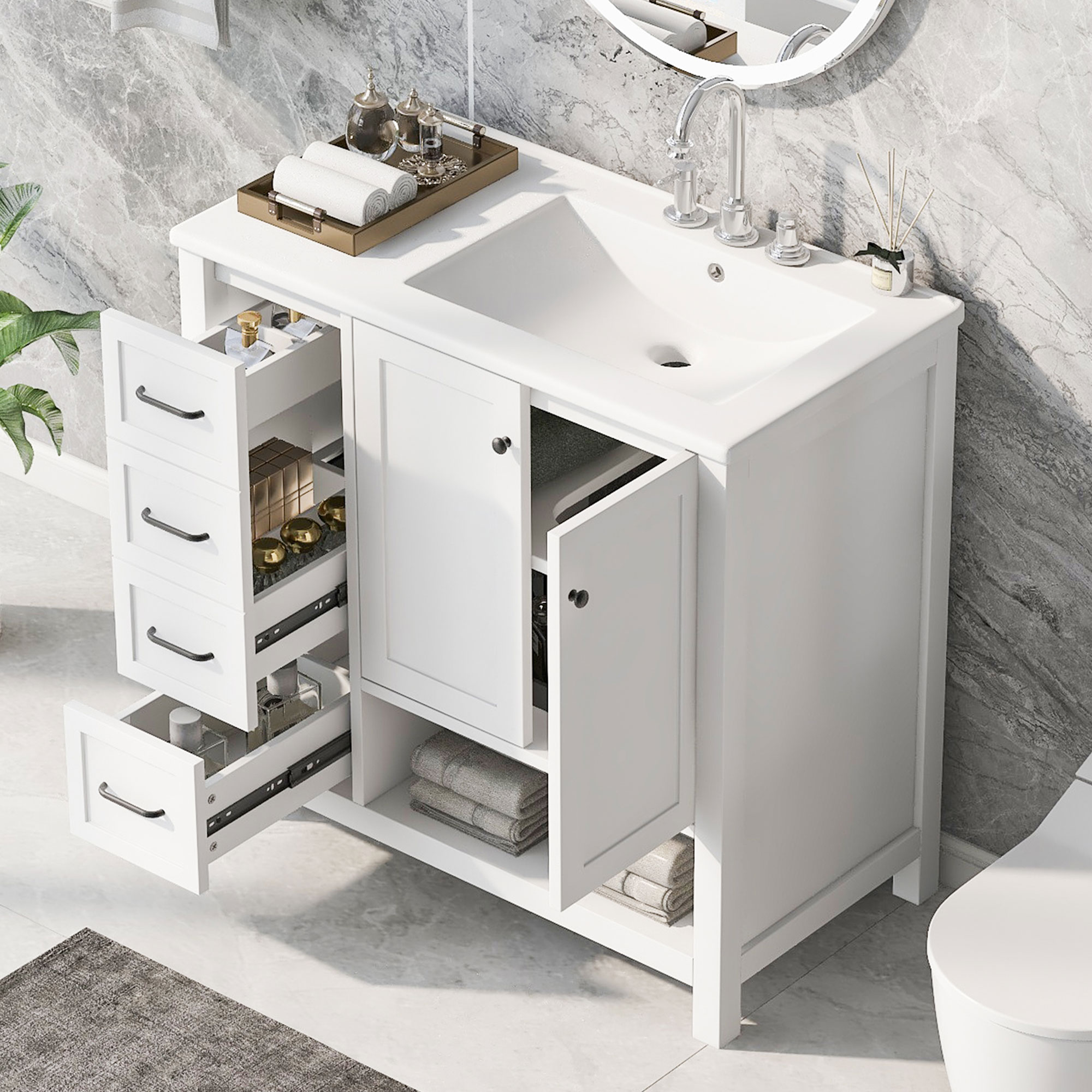 36 Bathroom Vanity With Sink Top, Bathroom Vanity Cabinet With Two Doors And Two Drawers, Solid Wood, Open Shelf, MDF Boards, Two Packages, White Old Sku N725P245278K N725P364203K