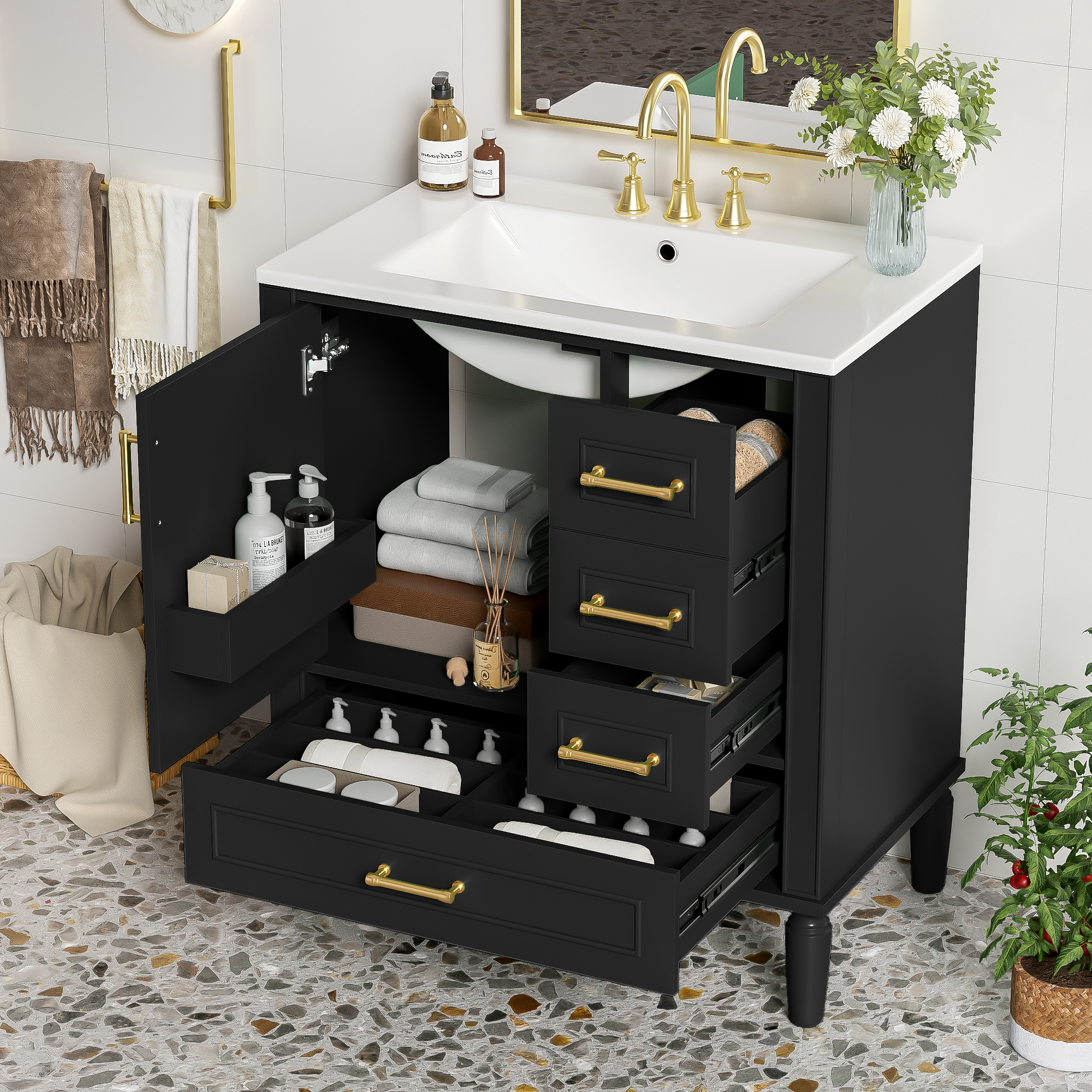 Traditional 30 Black Bathroom Vanity Set, Floor Standing, With Three Drawers, Soft Close Doors, With Long Gold Metal Handles - Perfect For Small Bathrooms