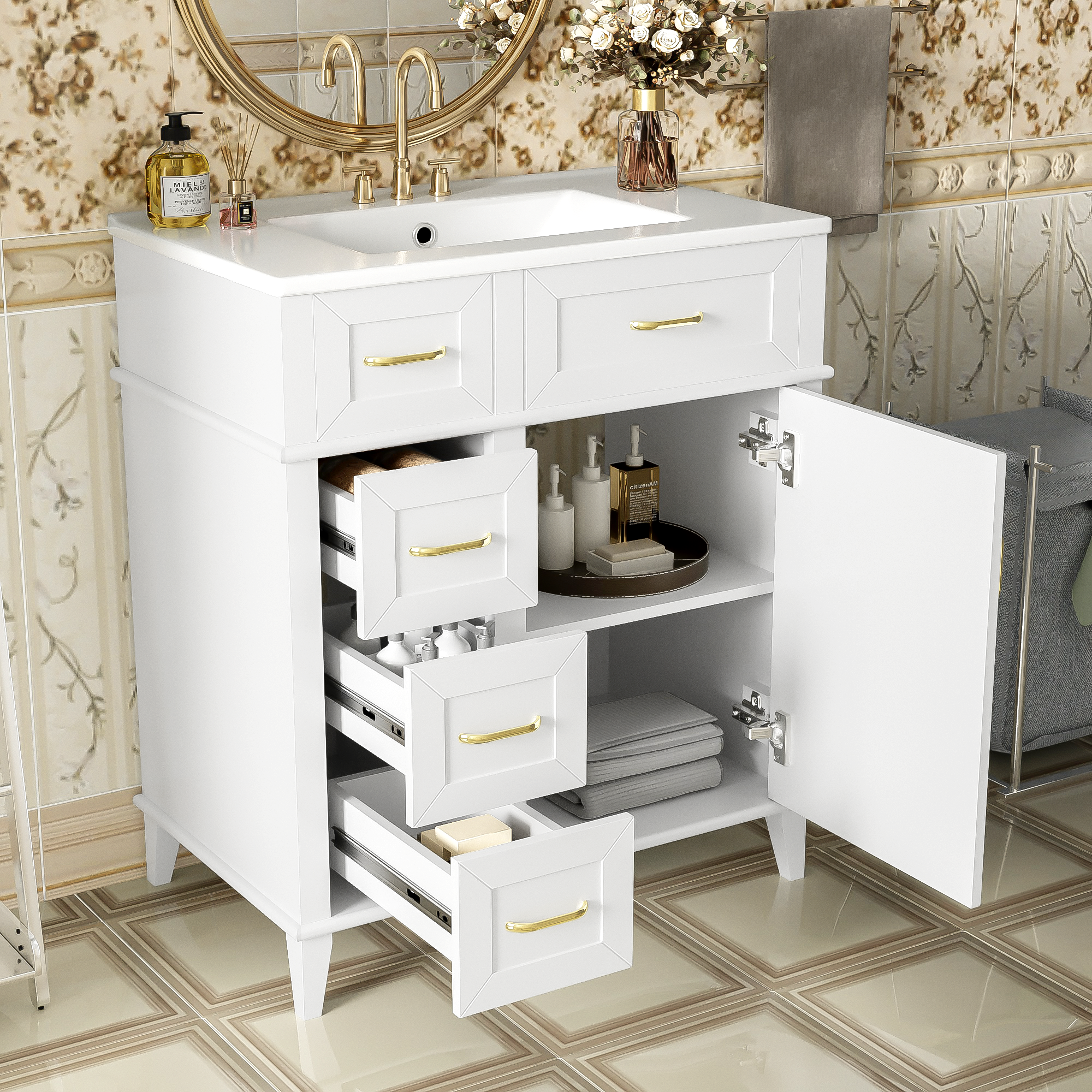 30-Inch Bathroom Vanity With Ceramic Sink, Adjustable Shelf, Soft Close Door, And Three Soft Close Drawers