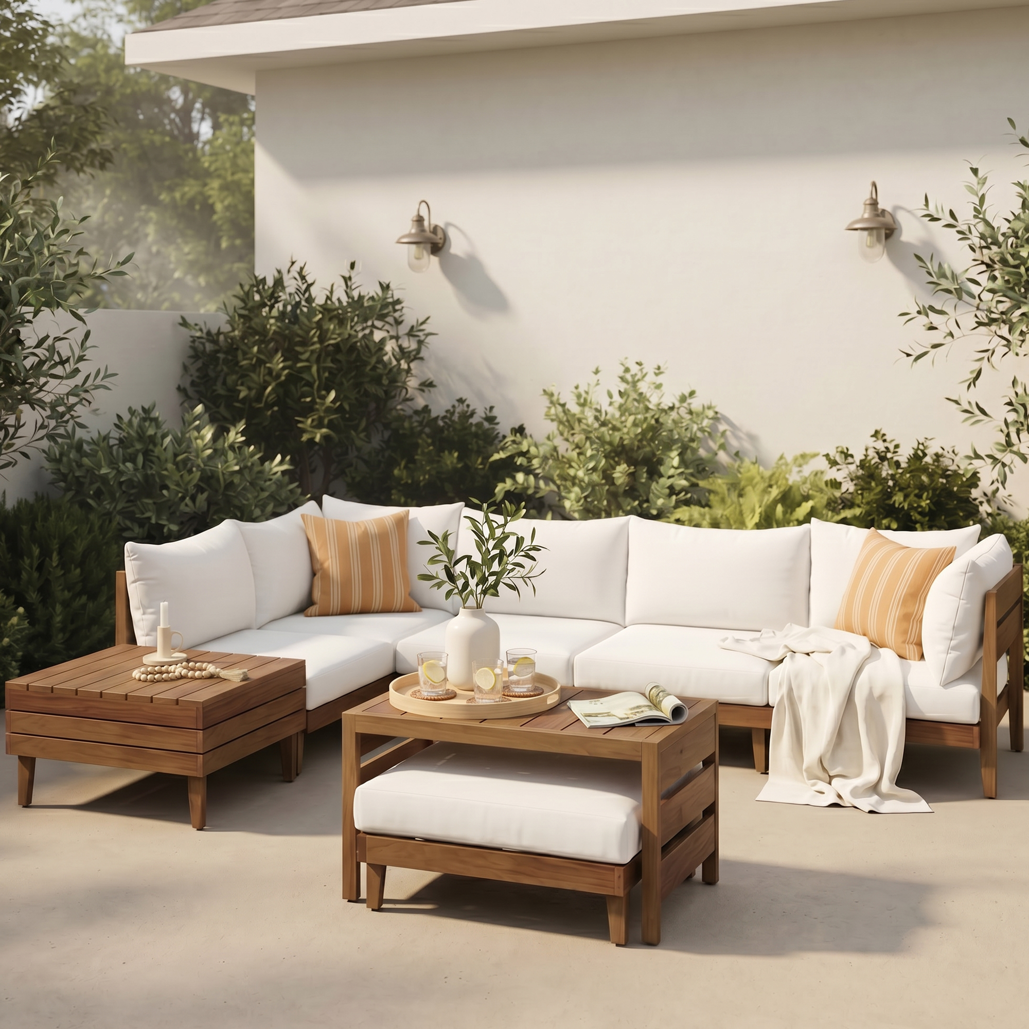 TOPMAX 8-Piece Acacia Wood Outdoor Patio Sofa Set, Modular Sectional Furniture Set With Storage Tea Table, Coffee Table And Cushions For Backyard, Poolside, Indoor&Outdoor, Beige