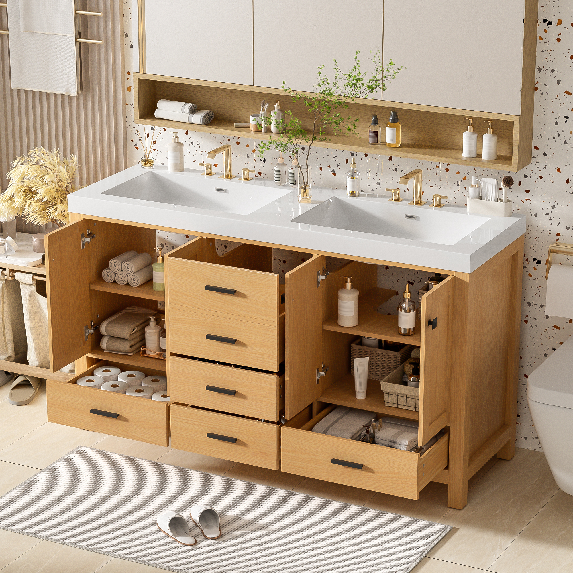 59.3 Bathroom Vanity With Solid Wood Frame & MDF Cabinet, Double SMC Resin Sink, Soft-Close Doors And Drawers, 4 Doors, 5 Drawers, Adjustable Shelves, Black Handles