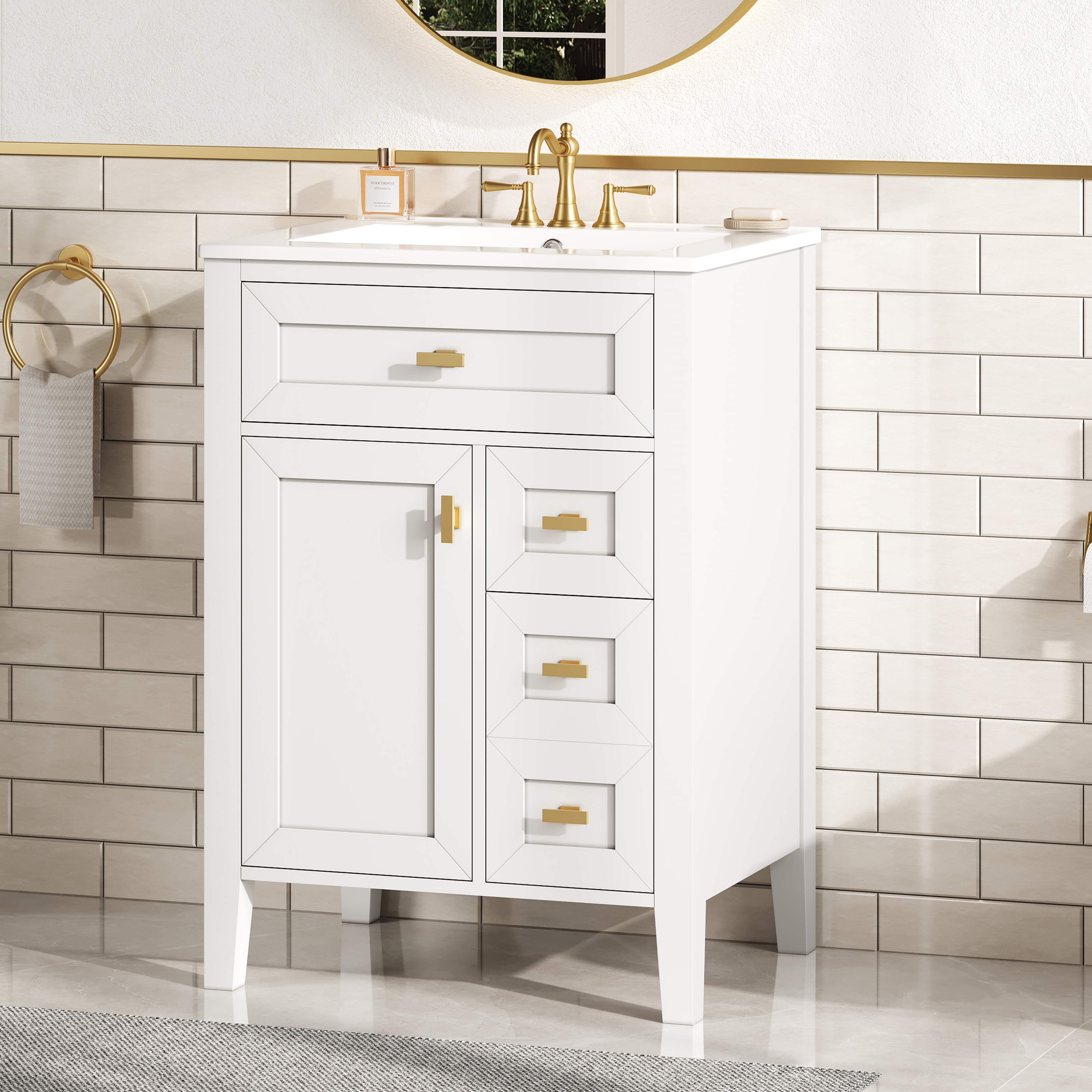 24'' White Bathroom Vanity With Sink, MDF & Rubberwood Construction, 3 Drawers & Cabinet With 2-Tier Door Storage Rack, Soft-Close Door & Drawers, Modern Design For Small To Medium