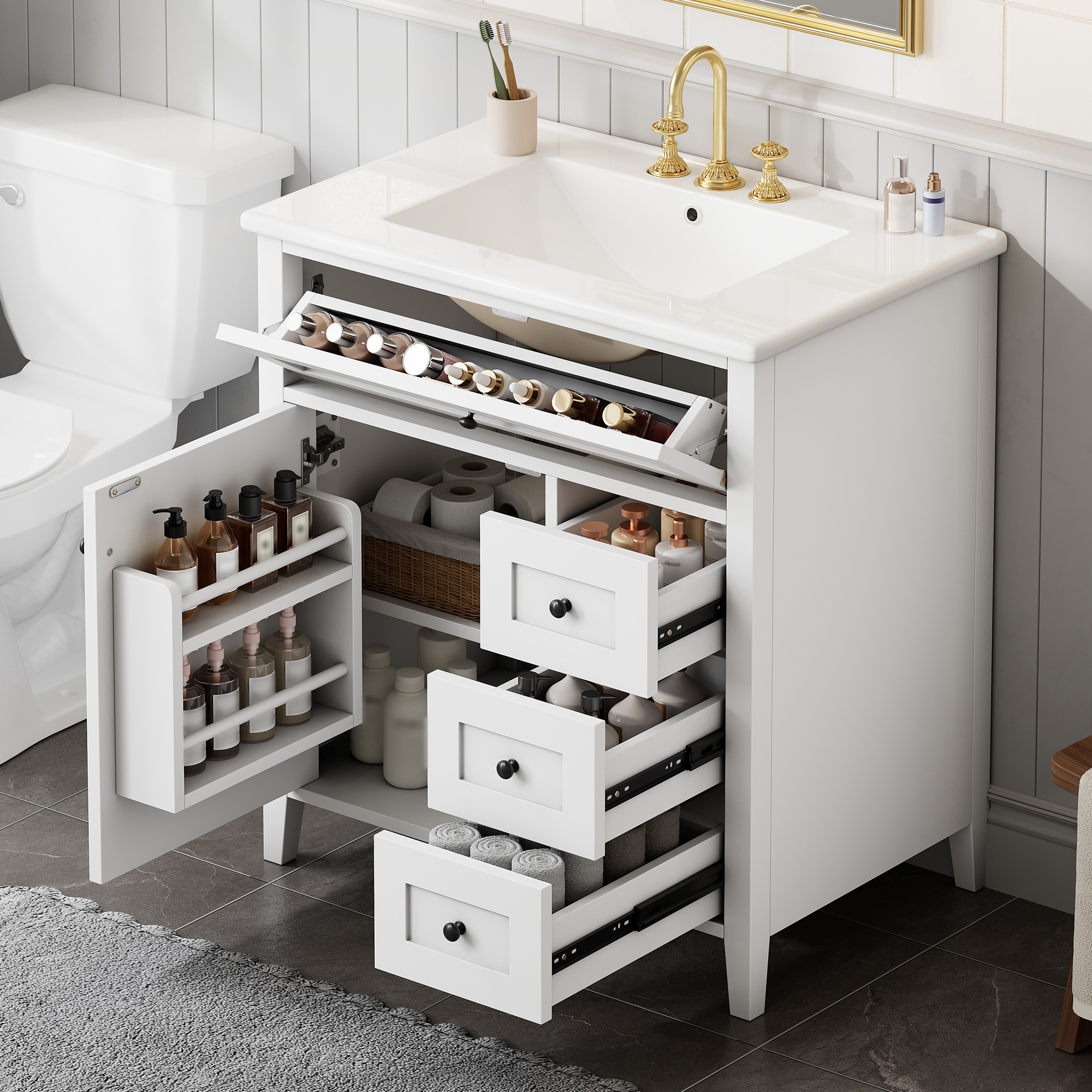 30-Inch White Bathroom Vanity With Sink, Modern MDF And Rubberwood Cabinet With 3 Drawers And Adjustable Shelf, Freestanding Vanity For Bathroom Storage And Organization Left Door