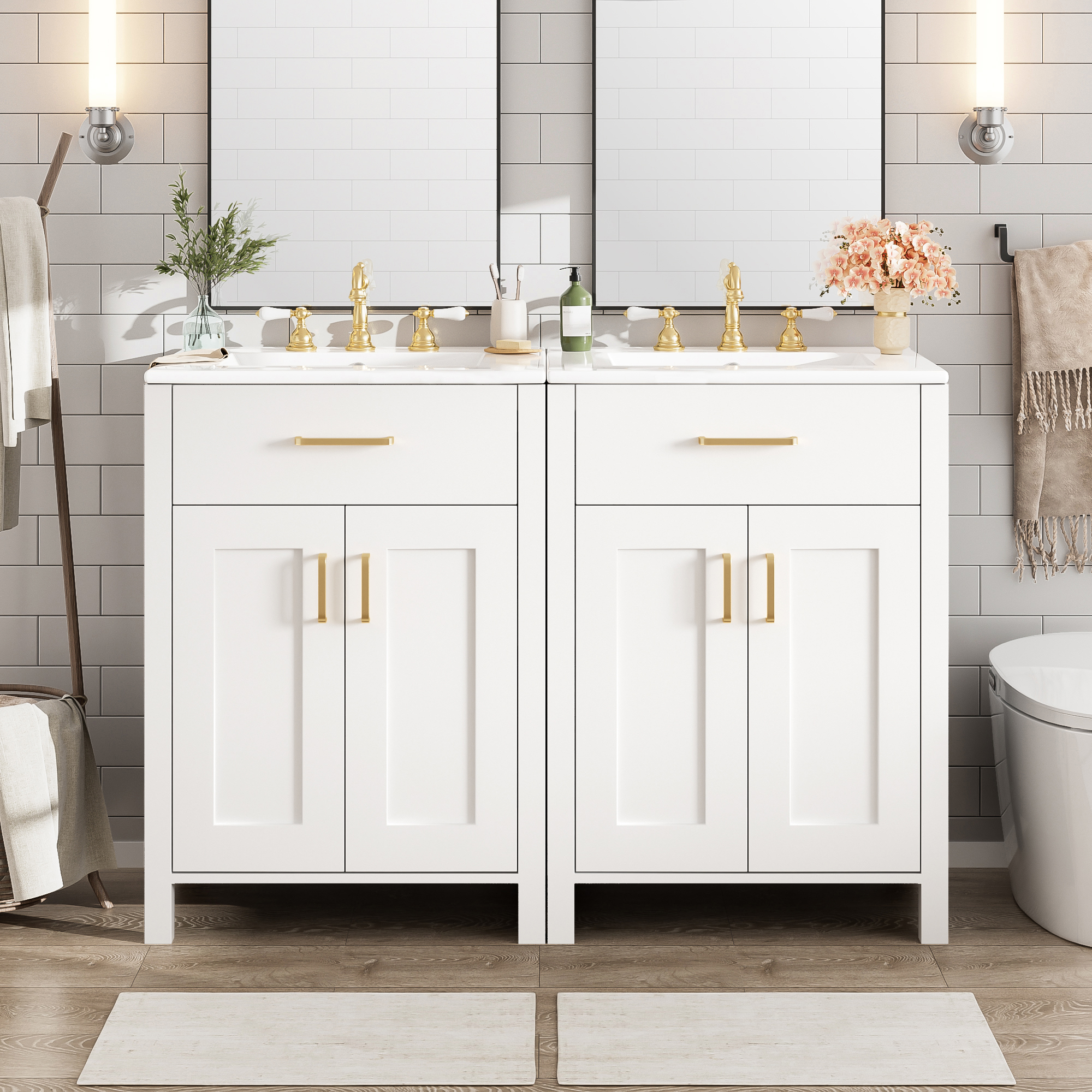 Modern 48-Inch Bathroom Vanity With Ceramic Sink, Soft-Close Doors, Flip Drawer, Double-Layer Door Shelves, Elegant Storage Solution