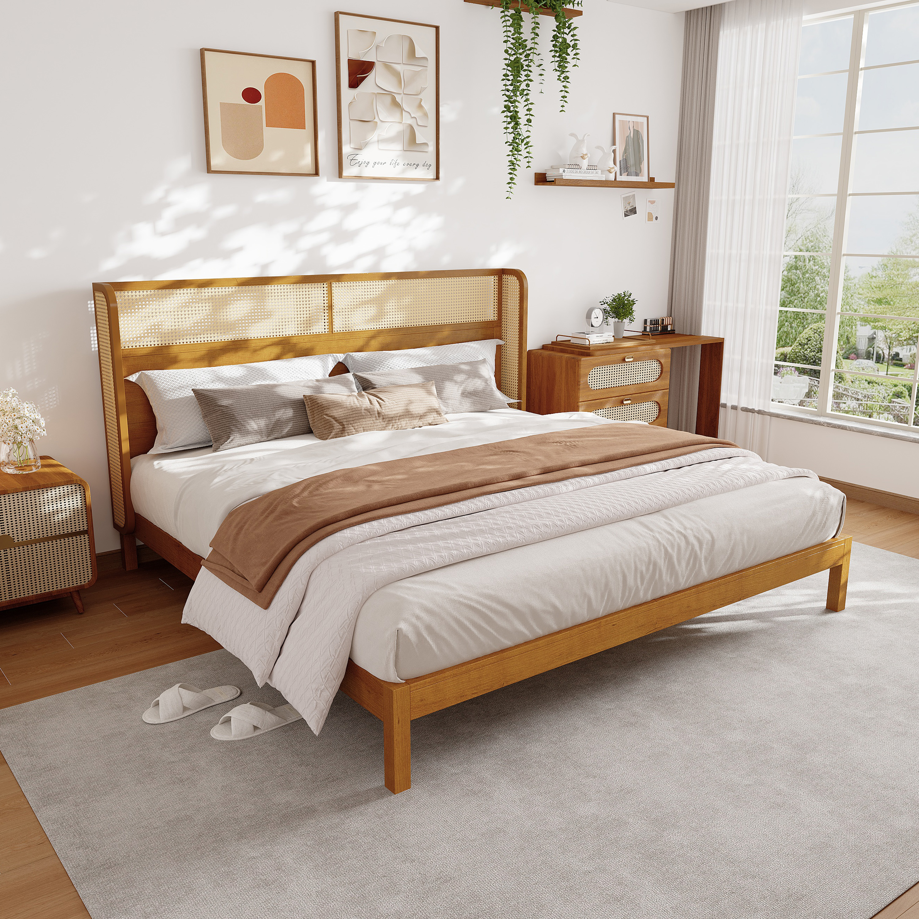 Premium Rubber Wood Platform Bed Frame, King Bed Frame With Headboard Included, Mid Century Modern Bed With Natural Color