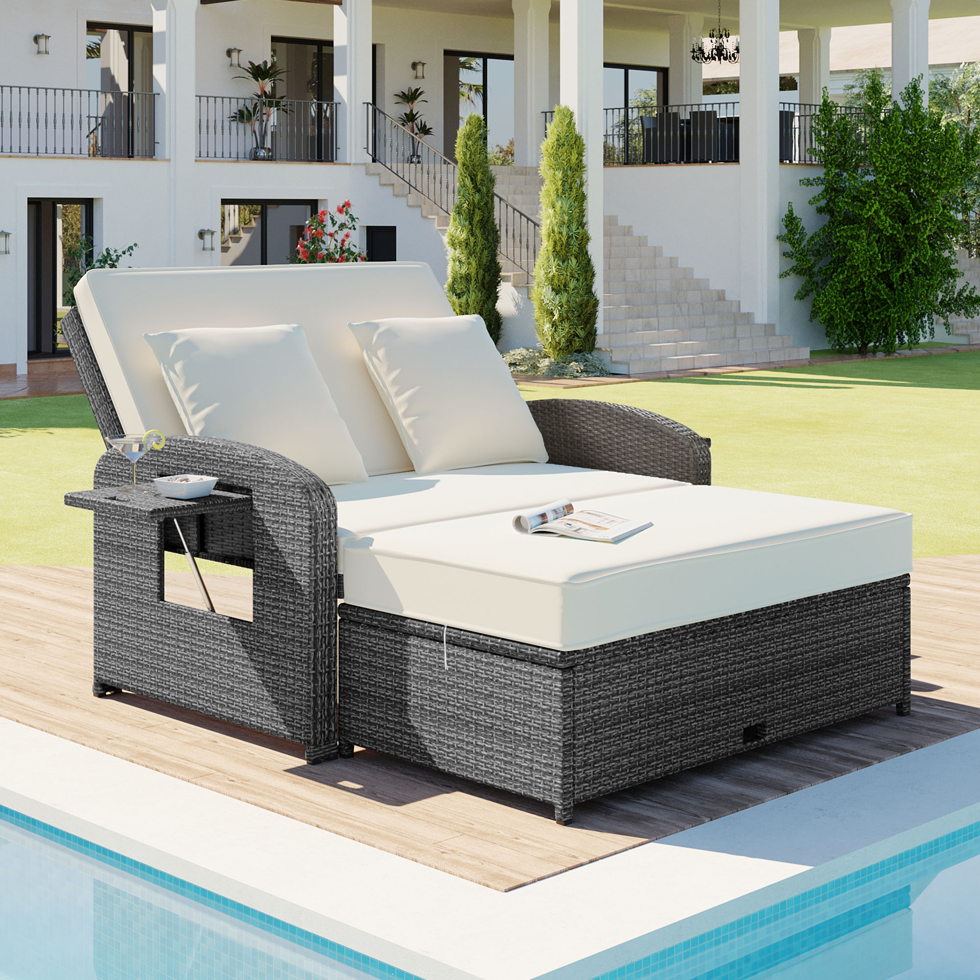 TOPMAX PE Wicker Rattan Double Chaise Lounge, 2-Person Reclining Daybed With Adjustable Back And Cushions, Free Furniture Protection Cover, White