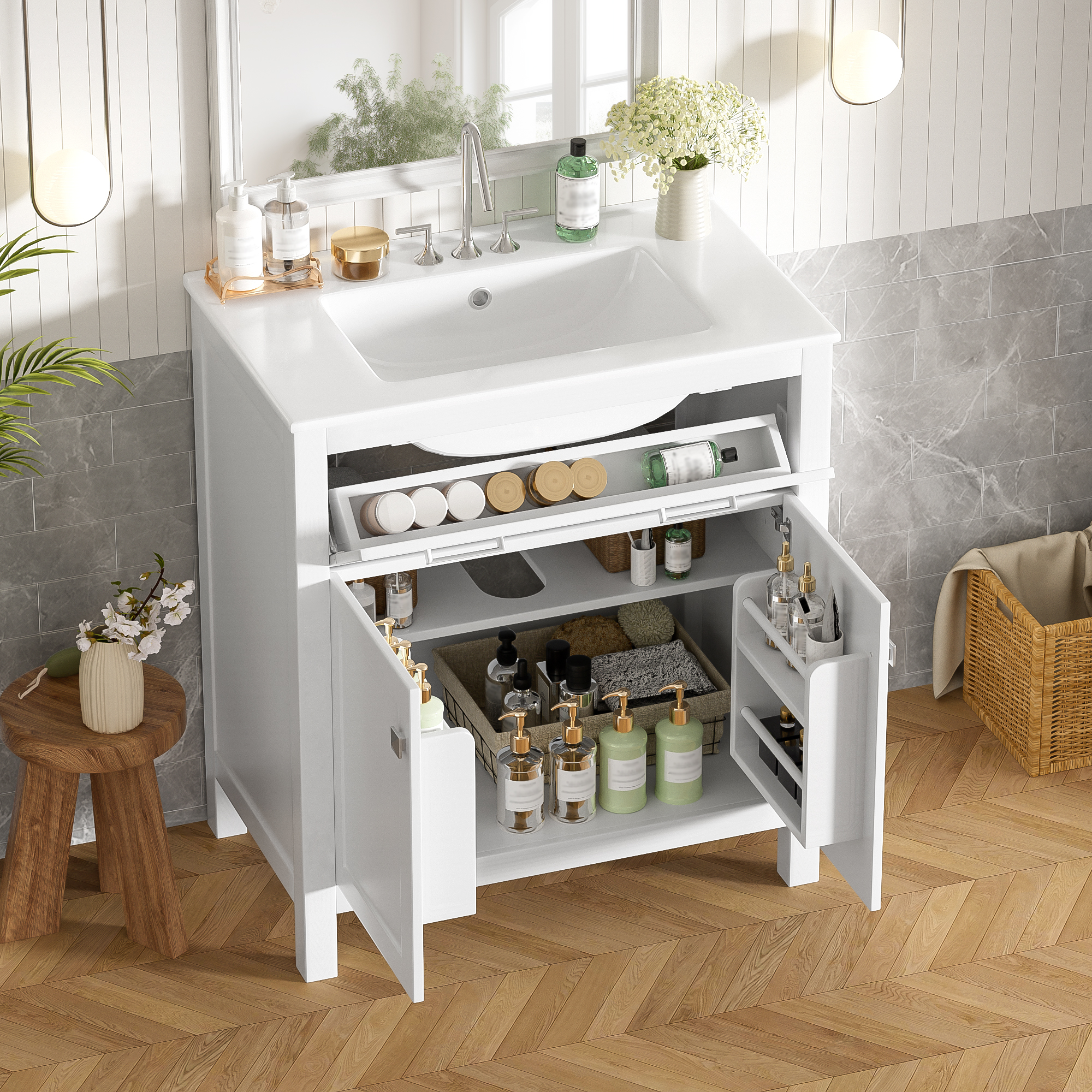 30-inch Bathroom Vanity With Ceramic Sink, Modern White Single Bathroom Cabinet With 2 Doors And A Shelf, Soft Close Doors