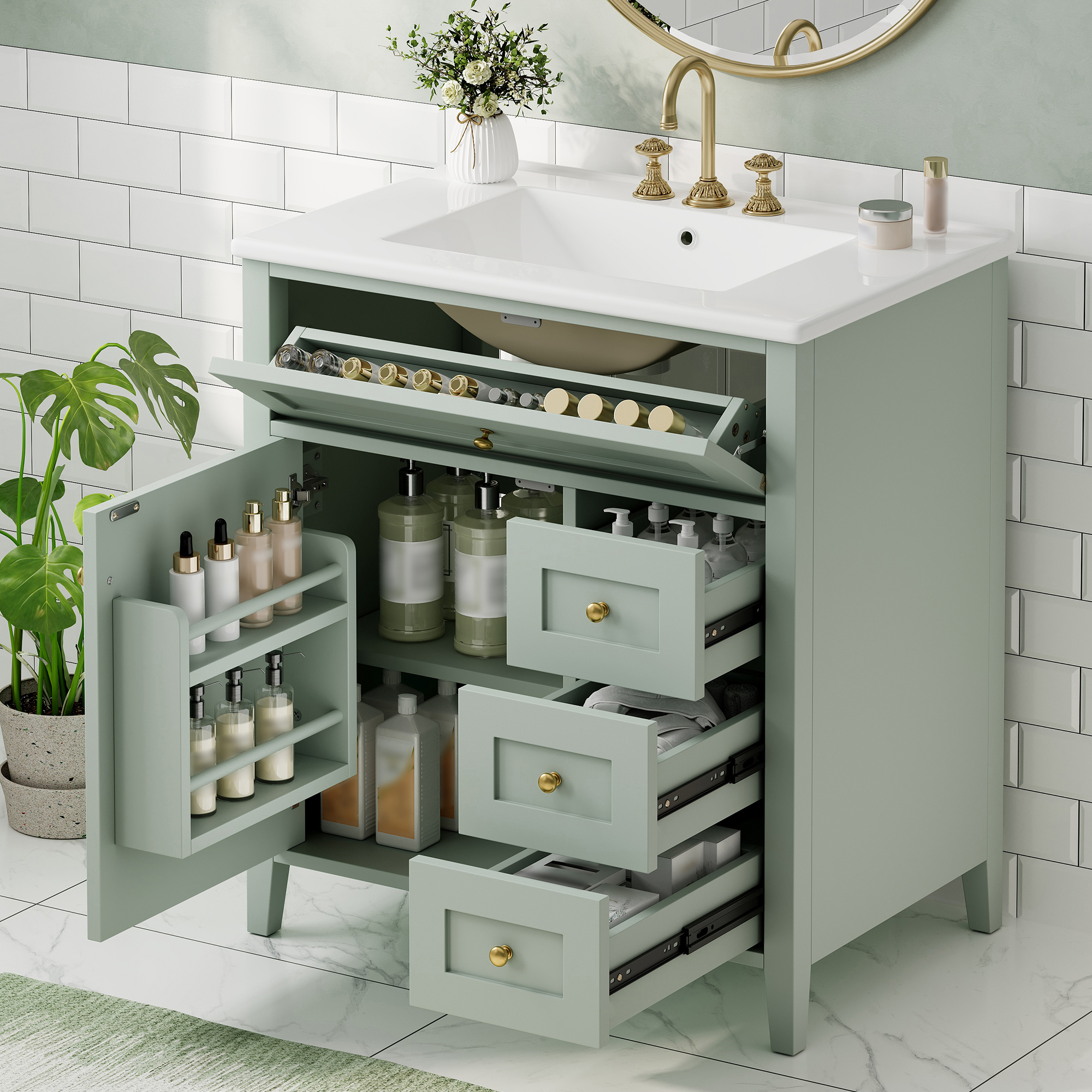 30-Inch Green Bathroom Vanity With Sink, Modern MDF And Rubberwood Cabinet With 3 Drawers And Adjustable Shelf, Freestanding Vanity For Bathroom Storage And Organization Left Door