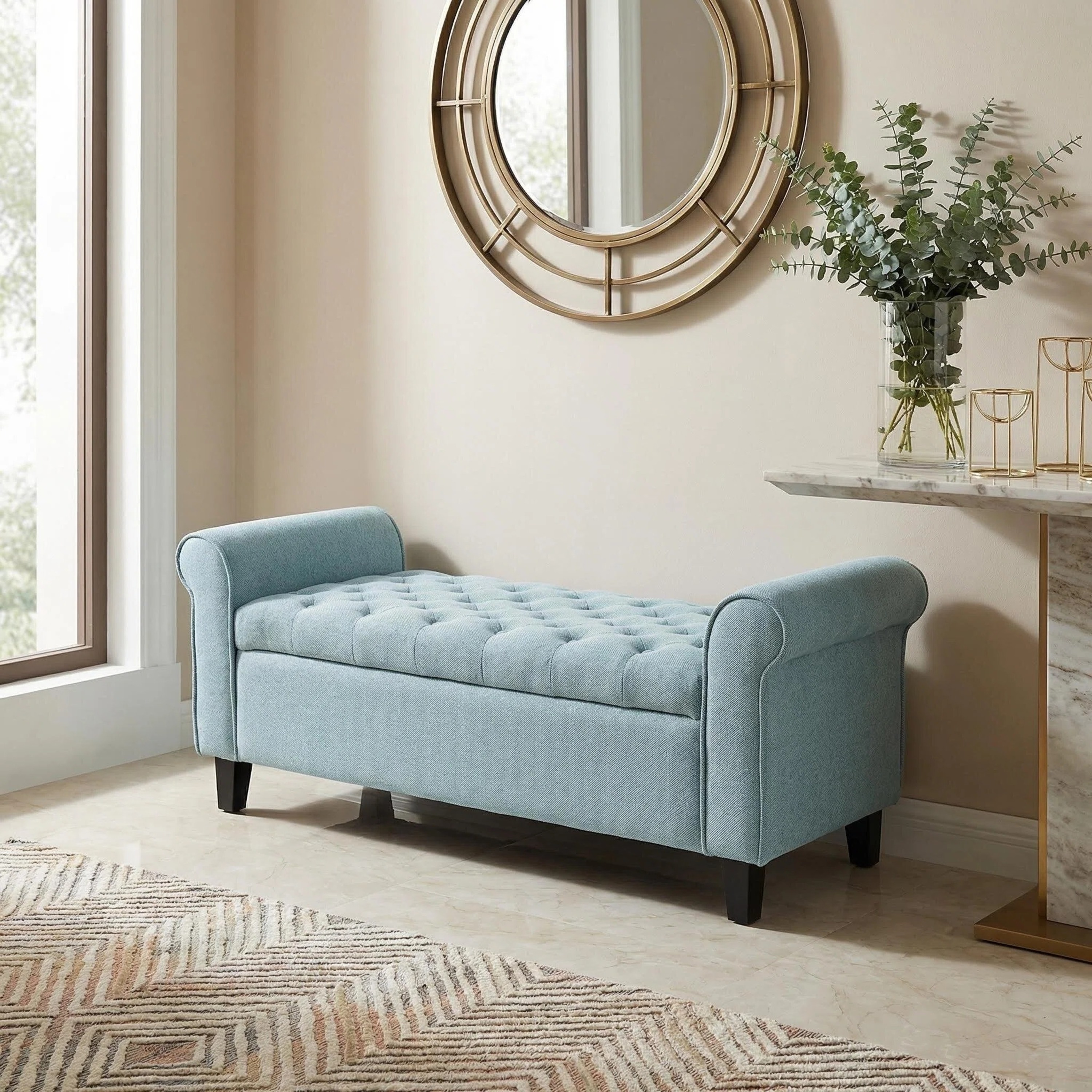 Light Blue Fabric Storage Bench With Rolled Arms, 38 Seat Width, Black Legs, Button Fabric Design, Living Room Bedroom Entryway Furniture