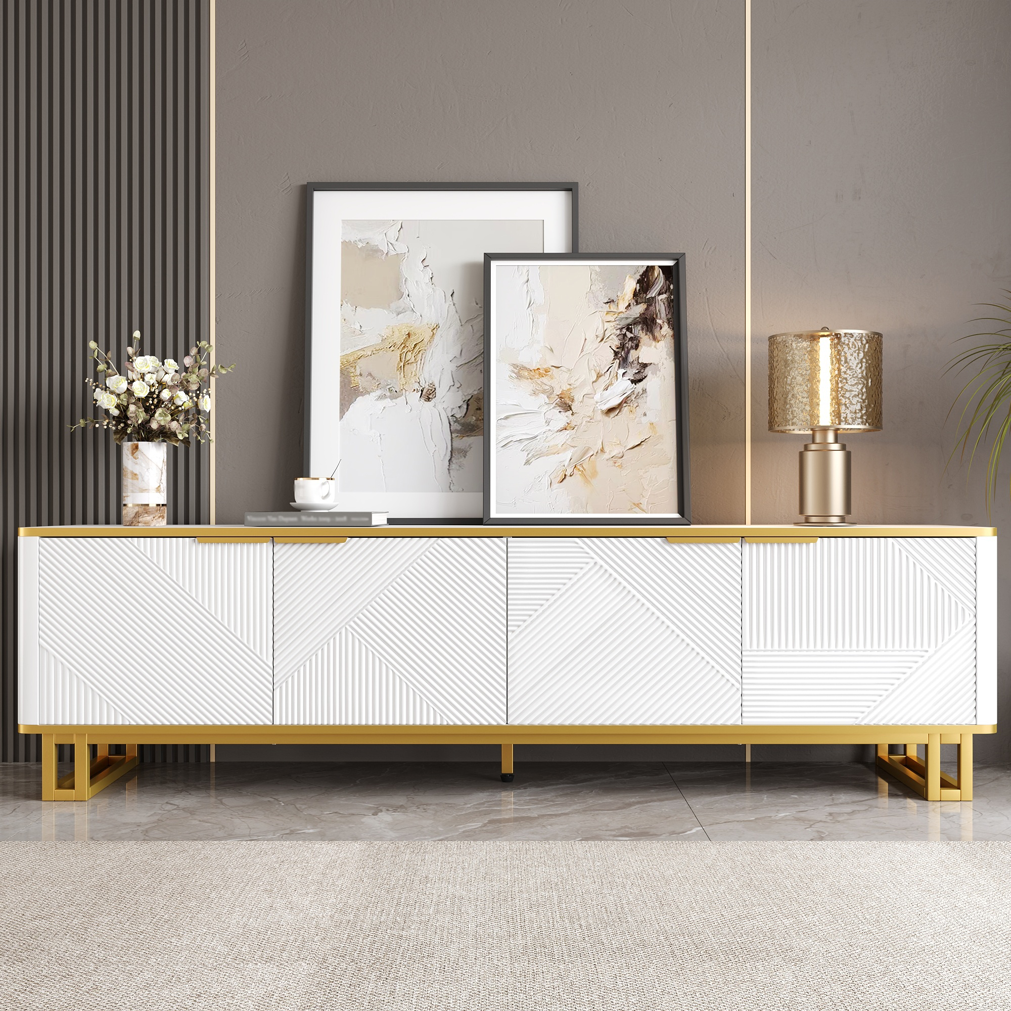 TV Cabinet With Four Doors, TV Stand, TV Panel, Low TV Stand. Unique Design, Geometric Texture. 160 X 37.5 X 48 Cm  L X W X H