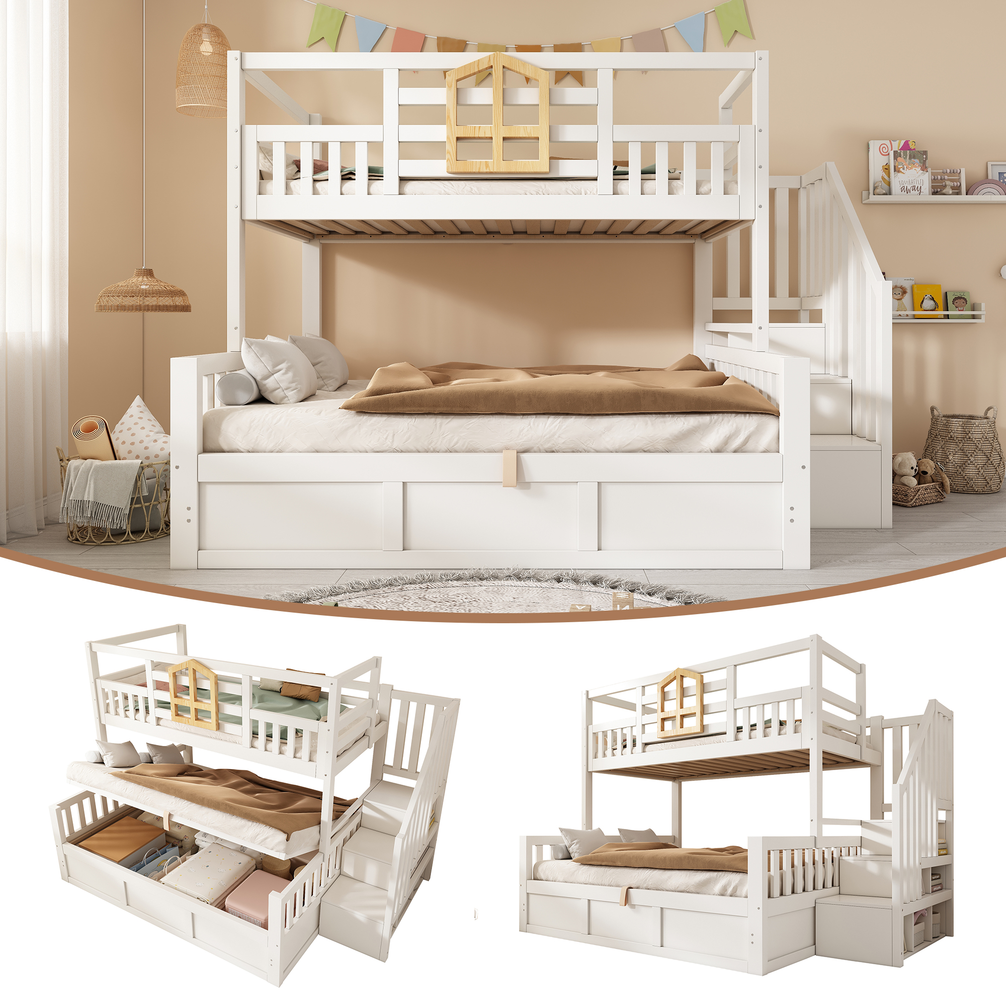 Bunk Beds For Kids, Staircase Bunk With Hydraulic Storage, Children S Bed With Storage Cube, Double Bunk Bed For Family With Multiple Children,  90 135  X 190 Cm, Solid Wood, White