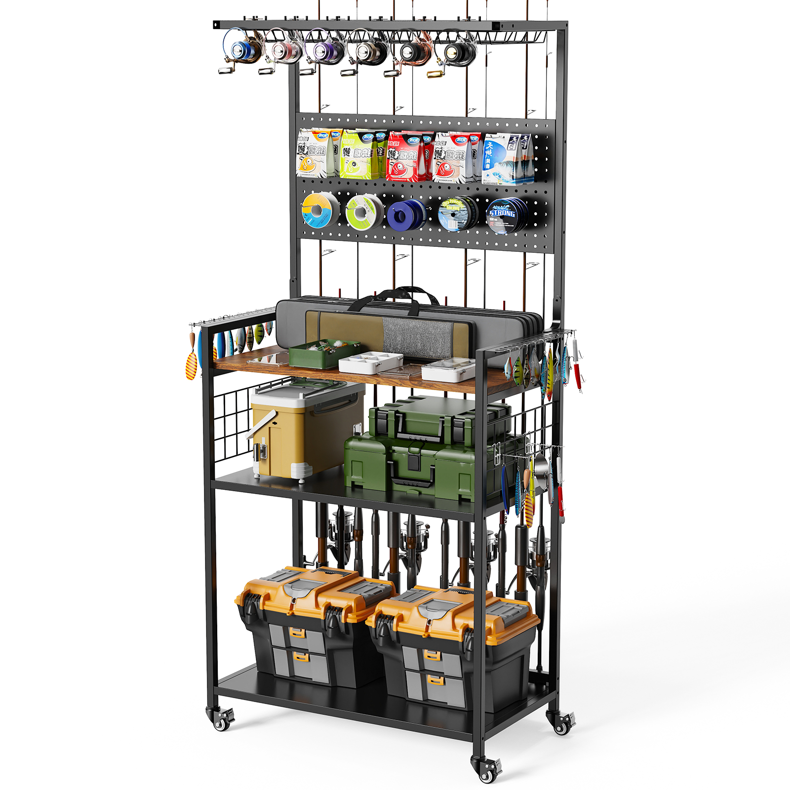 Fishing Rod Storage Rack With Pegboard, Rolling Tackle Organizer Cart, Multi-Tier Fishing Gear Stand For Rods, Reels, Tackle Boxes & Bags, Heavy Duty Metal Holders With Lockable Wh