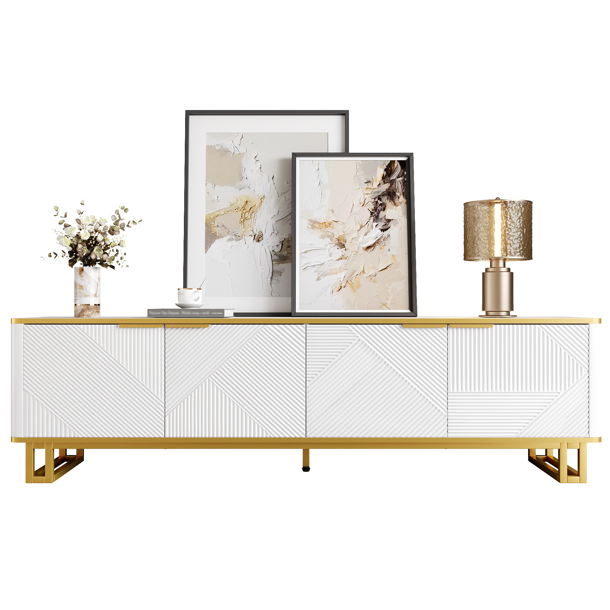 TV Cabinet With Four Doors, TV Stand, TV Panel, Low TV Stand. Unique Design, Geometric Texture. 160 X 37.5 X 48 Cm  L X W X H - Image 1