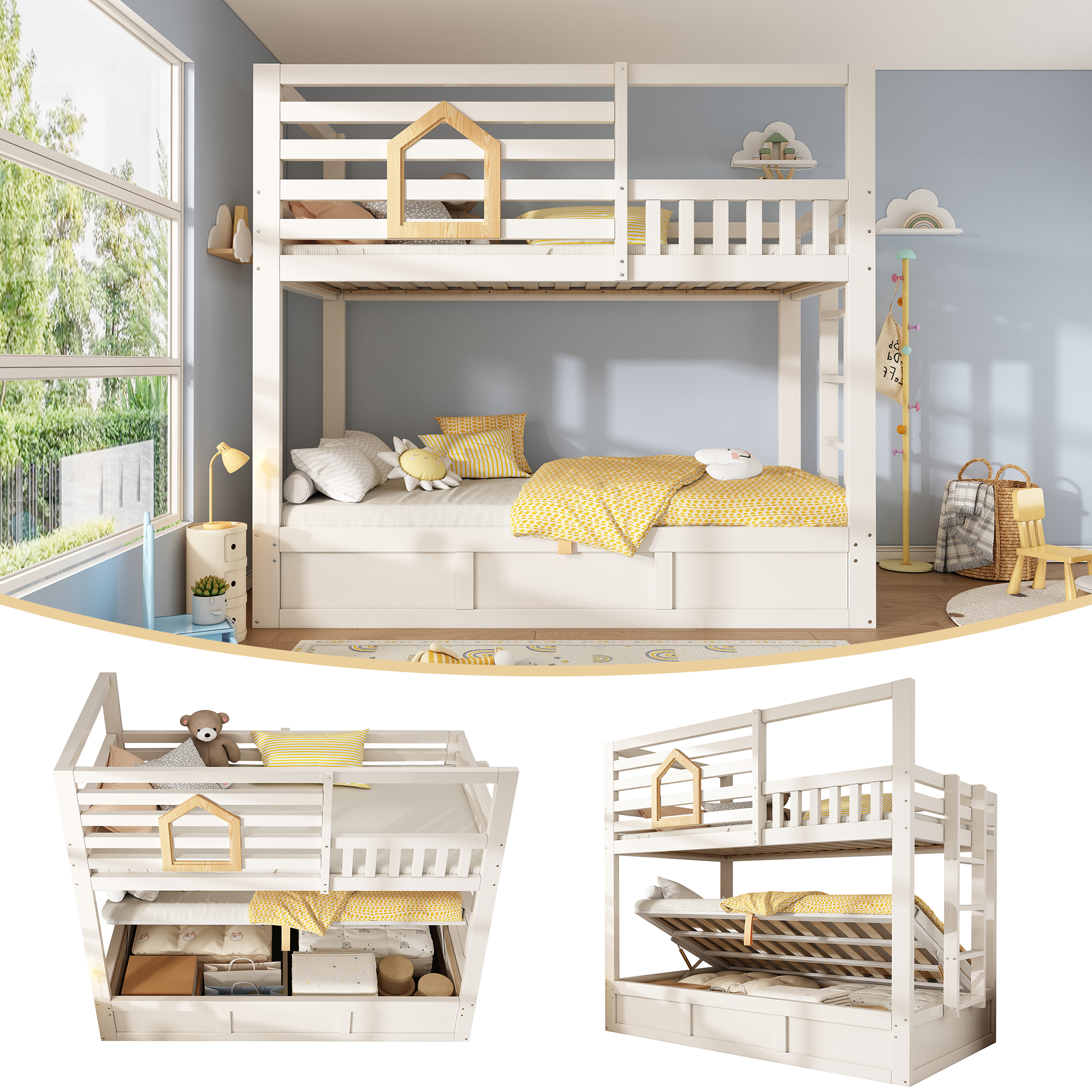 Bunk Beds For Kids With Ladder, Wooden Cabin Bed Hydraulic Storage, Children S House Bed, Twin Sleeper 90 90 X 190 Cm, Solid Wood, White