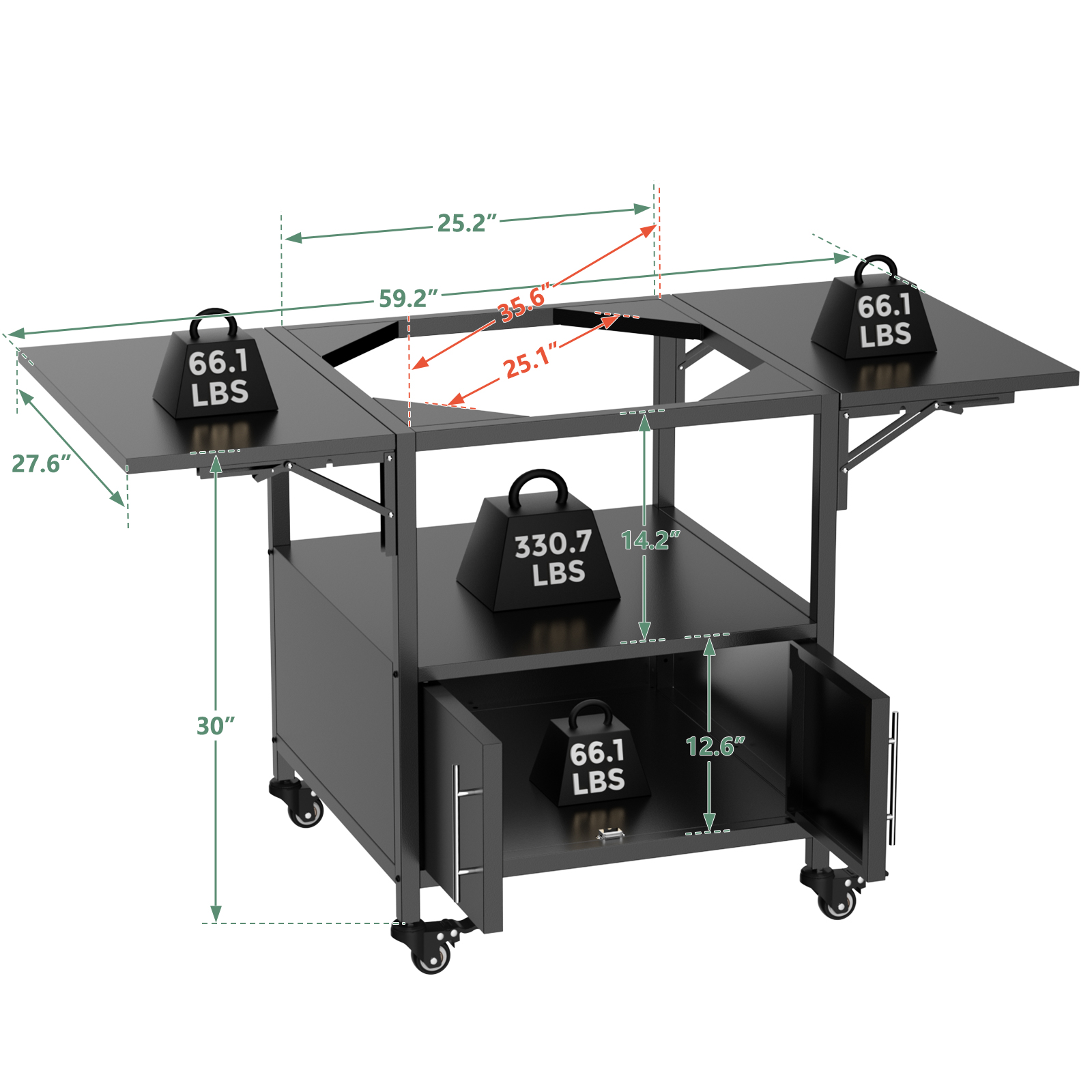 Outdoor Grill Table For Big Green Egg Style BBQ, Metal Grill Cart With 2 Folding Panels, Compatible With Up To Large Green Egg, Kamado Joe Jr
