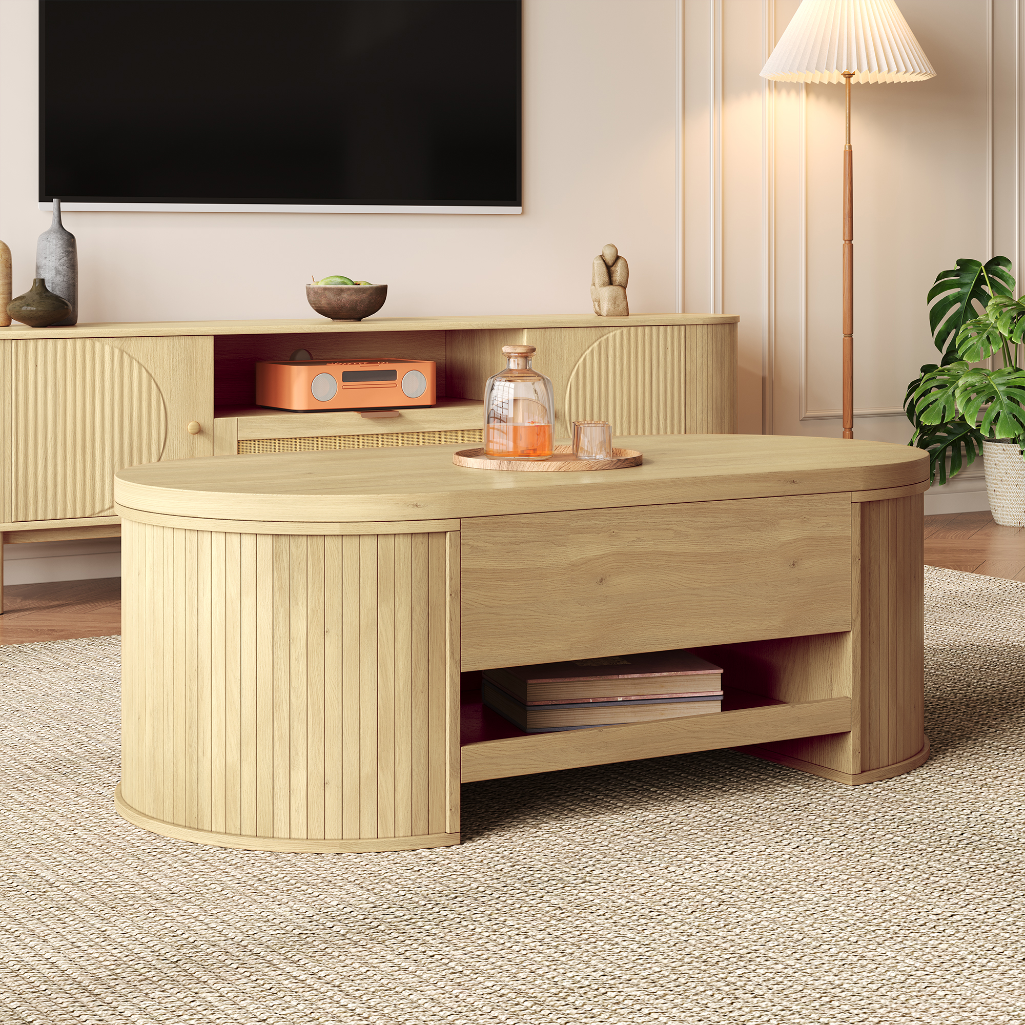 Lift-Top Coffee Table, Coffee Table With Curved Wooden Sides, Extendable Shelf, Lift-Up Tabletop, Multifunctional Living Room Furniture