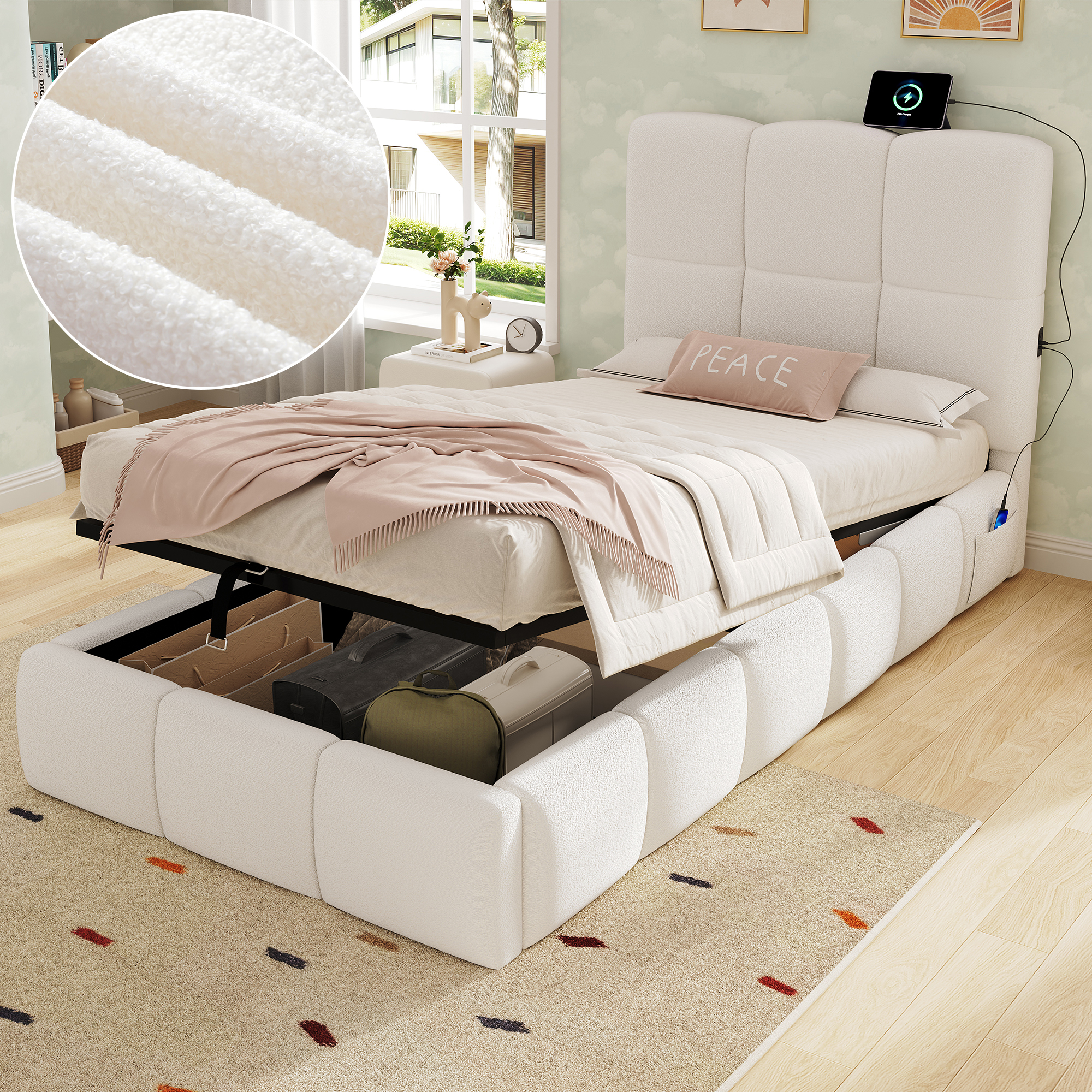 Upholstered Bed, Single Bed, Children S Bed, 3ft-90 X 190cm, Hydraulic Bed, Bed With Headboard And Large Storage Space, Upholstered Headboard, Boucle, Beige