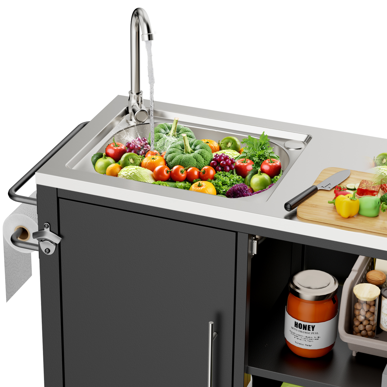Outdoor Grill Table With Sink, Grill Cart With 304 Stainless Steel Sink And Cabinet, Outdoor Grill Cart,Outdoor Cart Sink Station With Wheels, L38in X W18in X H35in