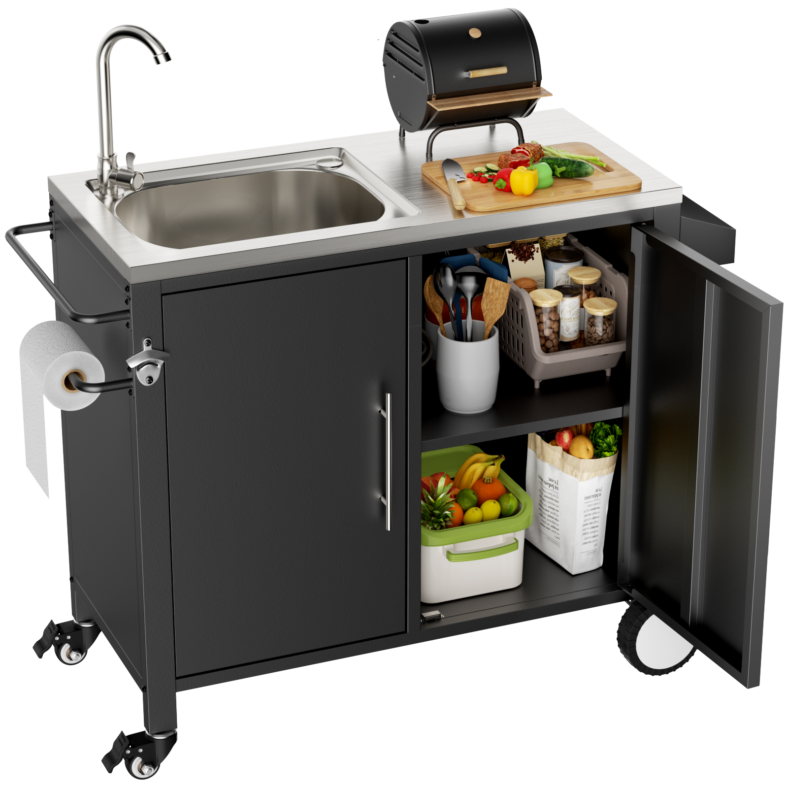 Outdoor Grill Table With Sink, Grill Cart With 304 Stainless Steel Sink And Cabinet, Outdoor Grill Cart,Outdoor Cart Sink Station With Wheels, L38in X W18in X H35in