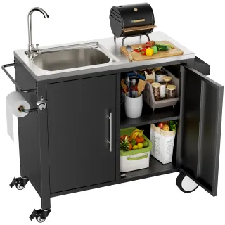 Outdoor Grill Table With Sink, Grill Cart With 304 Stainless Steel Sink And Cabinet, Outdoor Grill Cart,Outdoor Cart Sink Station With Wheels, L38in X W18in X H35in