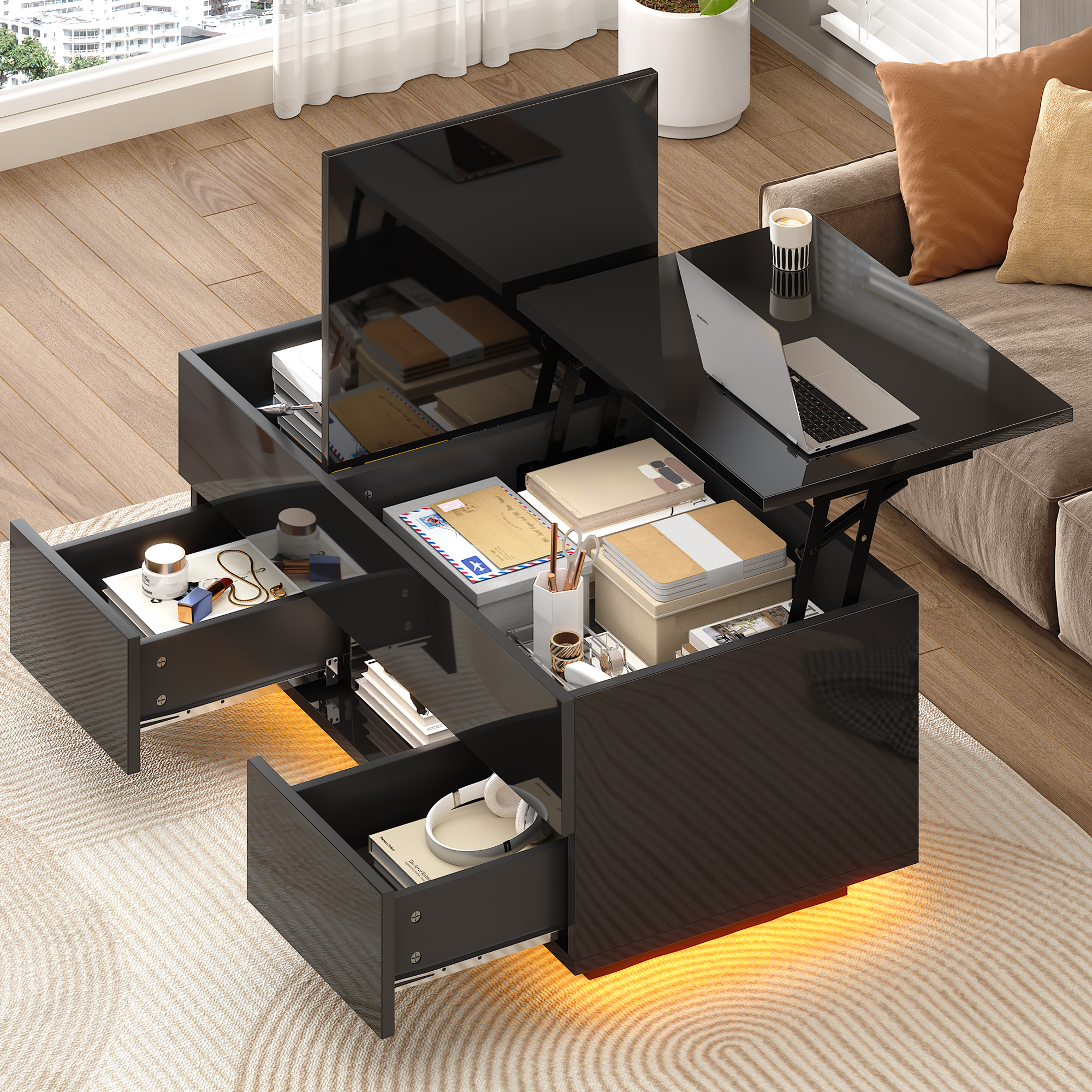 LED Lift-Top Coffee Table, High Gloss Centre Table With 2 Drawers & LED Lights, Lifting Sofa Side Table, Space-saving End Table,Tea Table,for Living Room, Office