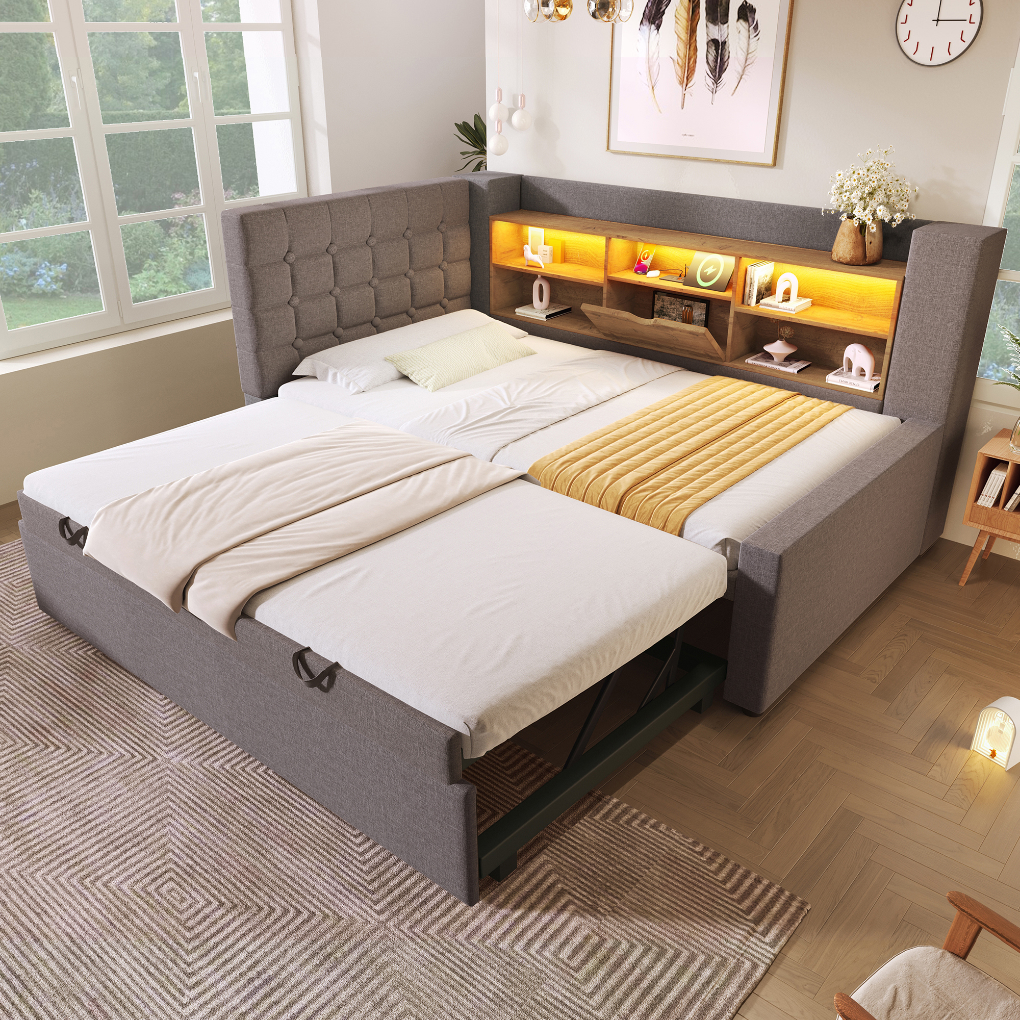 Daybed Upholstered Bed 90 X 190 Cm, 3FT Single Sofa Bed With Storage, USB &Type-C Charging Station, Pull Out Trundle For Living Room And Bedroom, Linen, Grey  No Mattress