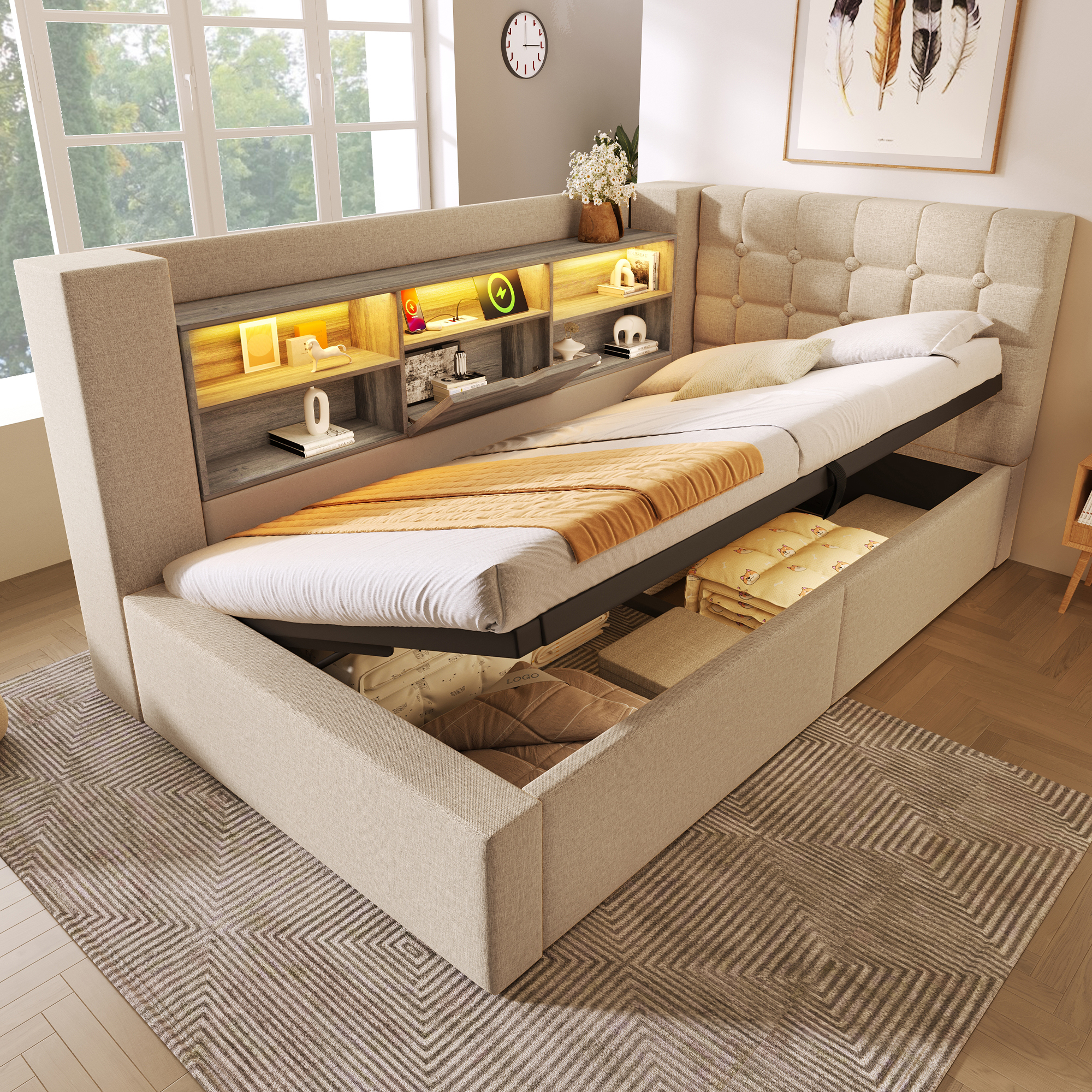 Daybed Upholstered Bed 90 X 190 Cm, 3FT Single Sofa Bed With Hydraulic Storage, USB &Type-C Charging Station, Single Bed For Living Room And Bedroom, Linen, Beige  No Mattress