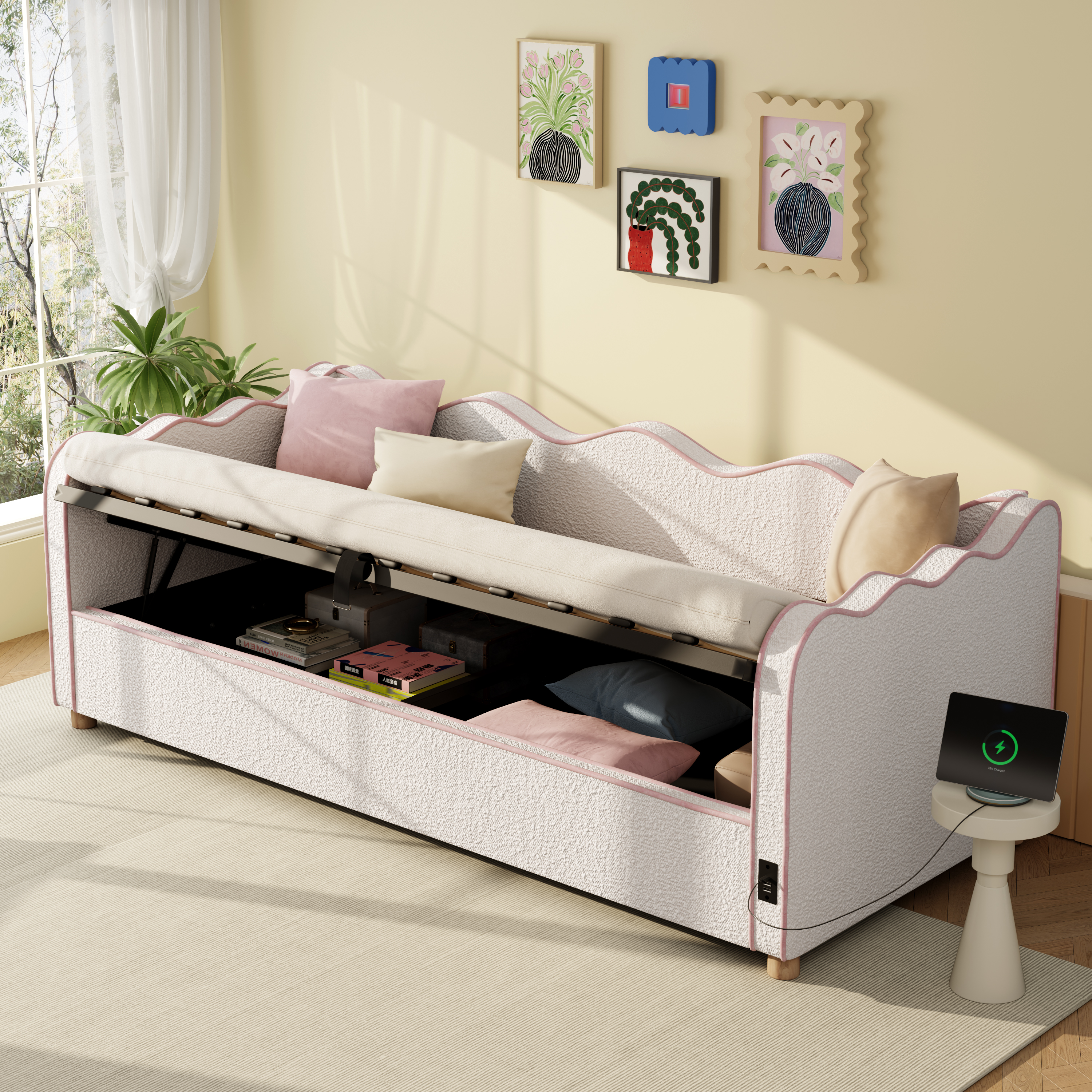 Daybed, Single Bed 3ft-90x190cm, With Hydraulic Storage, Upholstered Bed, Sofa Bed With USB Port & Backrest, Boucle, Beige