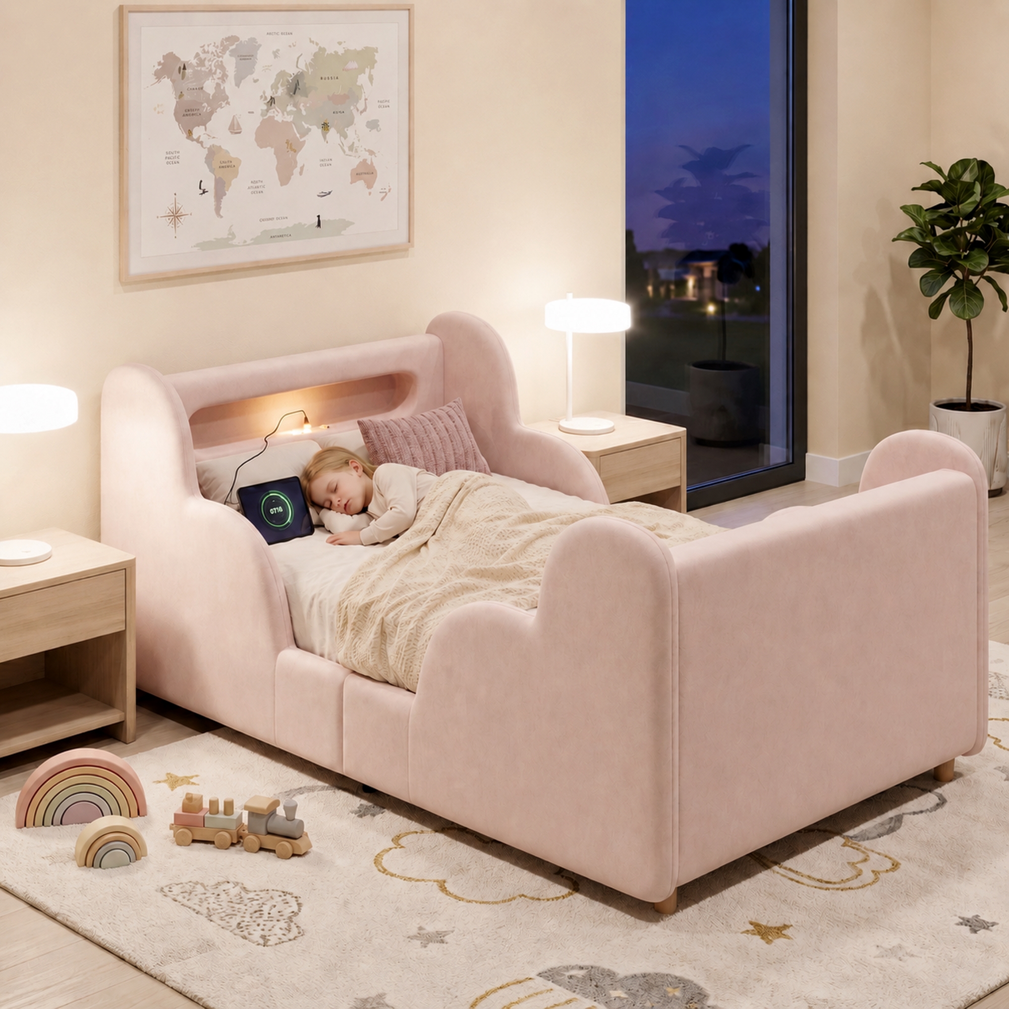 Toddler Bed 3ft Single 90 X 190cm With LED Headboard Light, Upholstered Kids Bed With Safety Rails, Beige Childrens Bed With Solid Wood Legs, Velvet