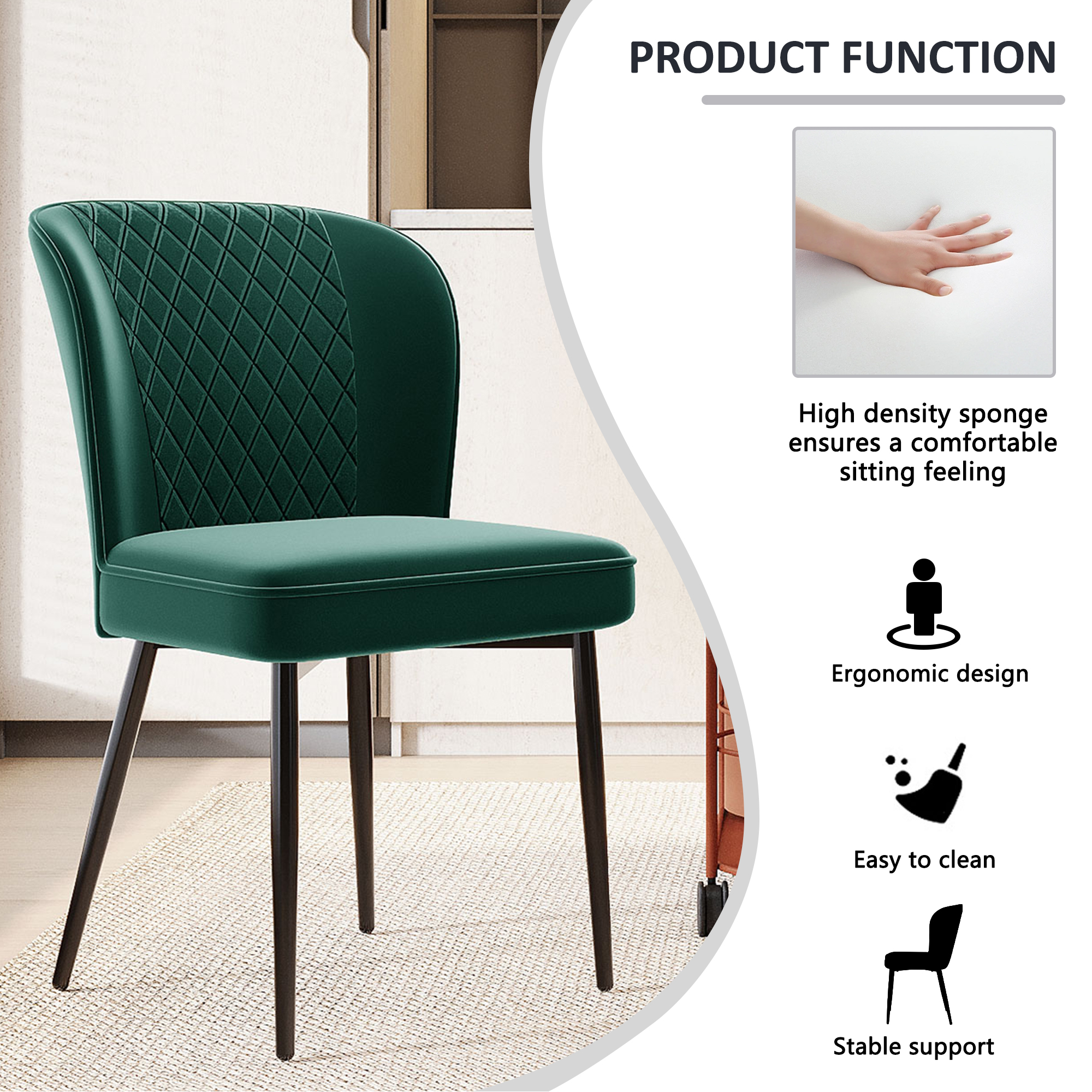 Velvet Dining Chair 2 Pcs , Dark Green, Modern Vanity Kitchen Accent Occasional — image 3