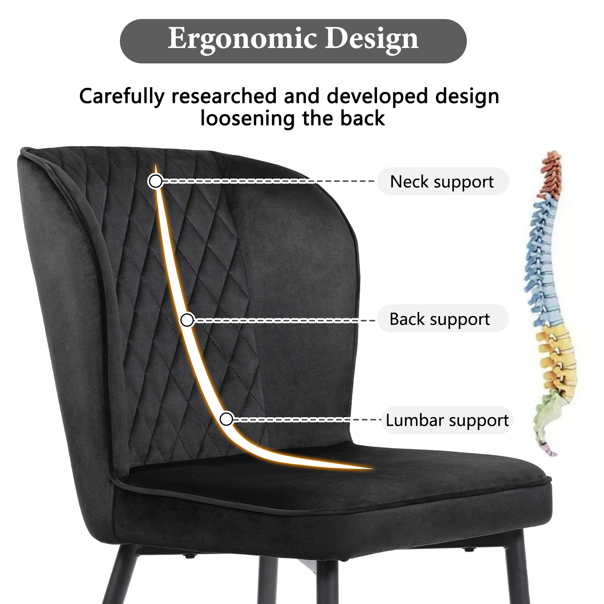 Velvet Dining Chair 2 Pcs , Black, Modern Vanity Kitchen Accent Occasional — image 4