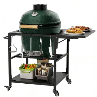 Outdoor Grill Table For Big Green Egg Style BBQ, Heavy Duty Metal Cart Prep Table With Wheels, Storage Shelf, Hooks And Removable Central Cover, Compatible With Large Big Green Egg
