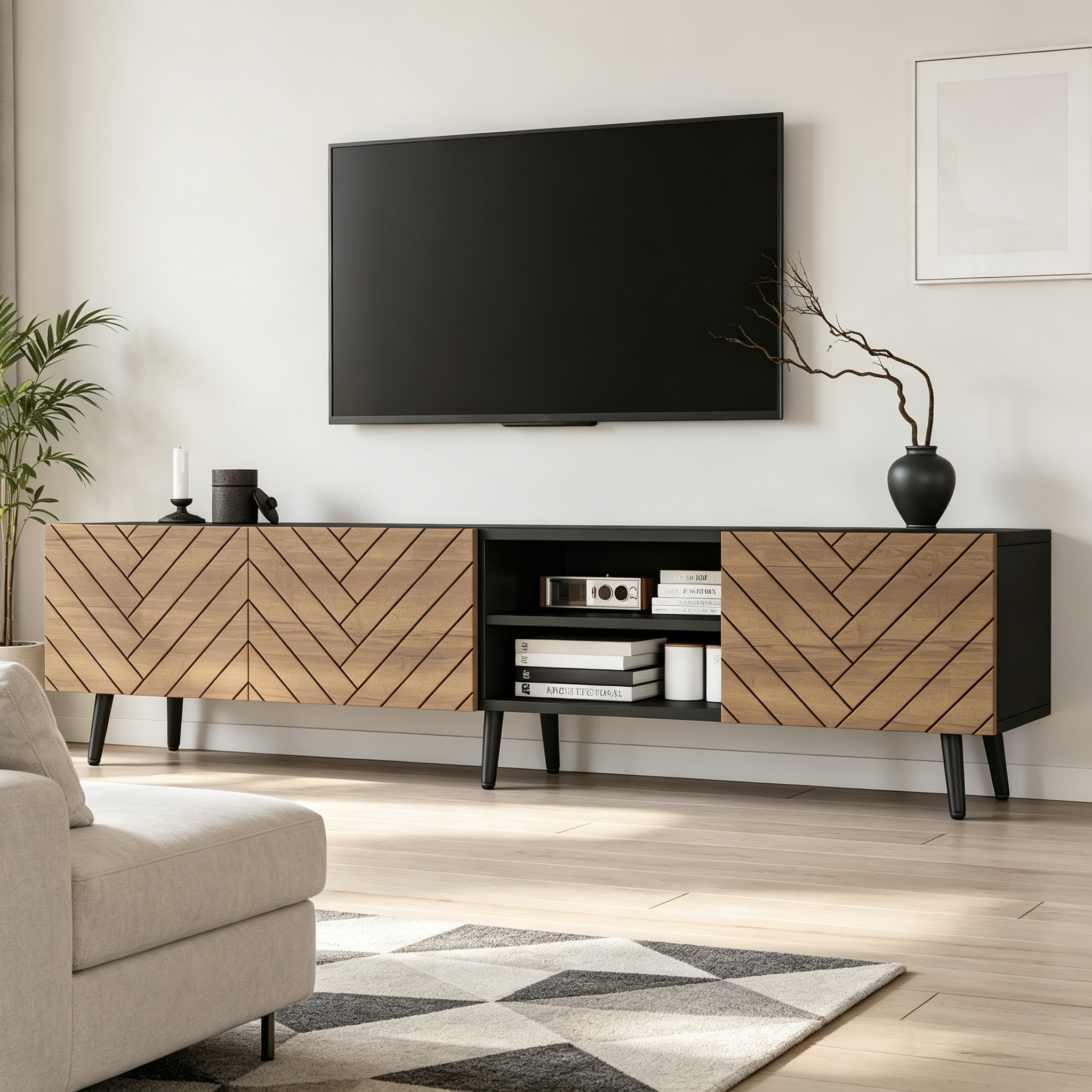 Modern Geometric TV Stand, Lowboard, TV Cabinet, TV Unit, Modern Industrial Entertainment Center, Black Media Console With Open Shelf & Cabinets, Low Storage Cabinet For Living Roo
